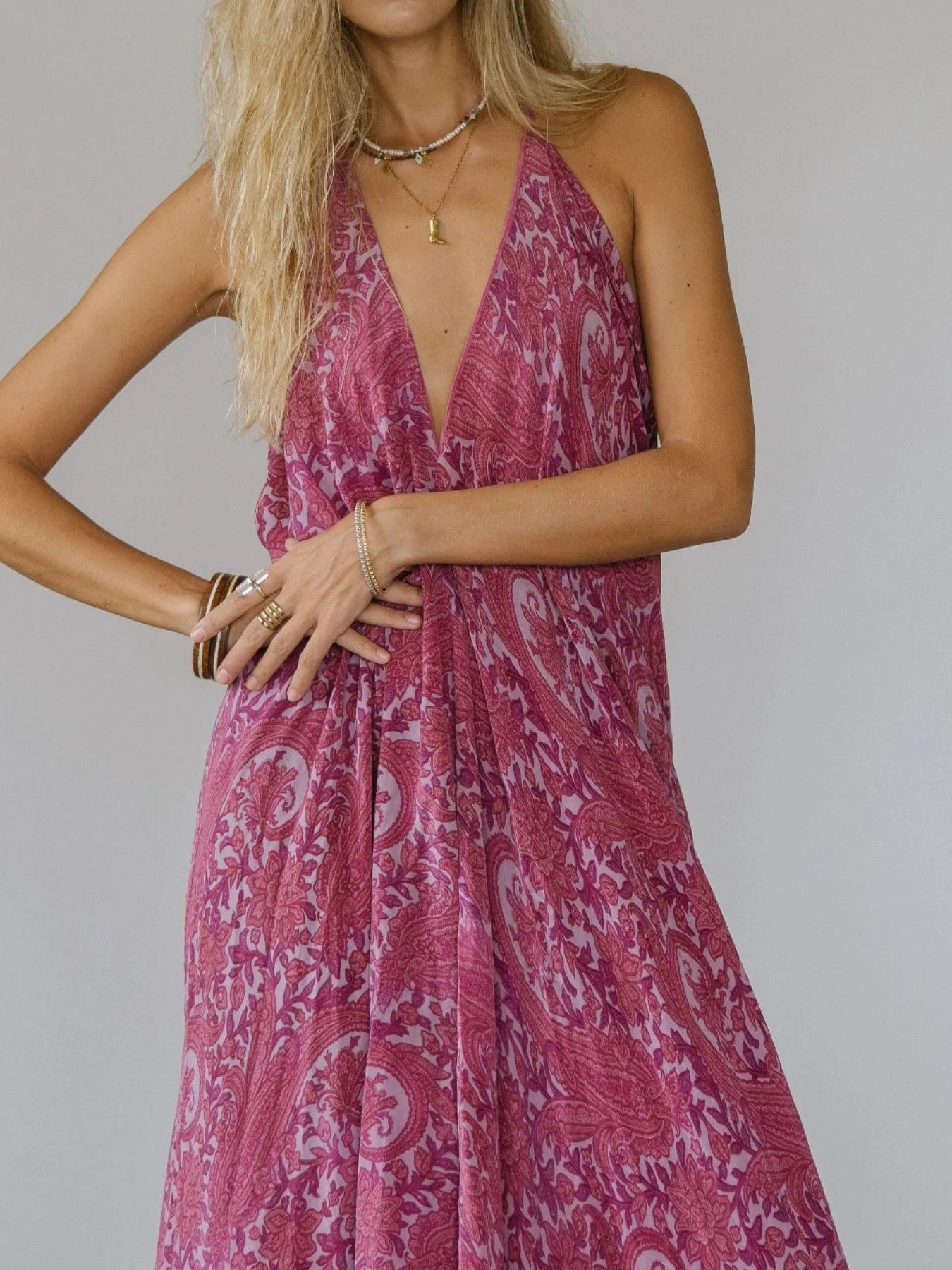 Backless Printed Halter Neck Maxi Dress - Tied.