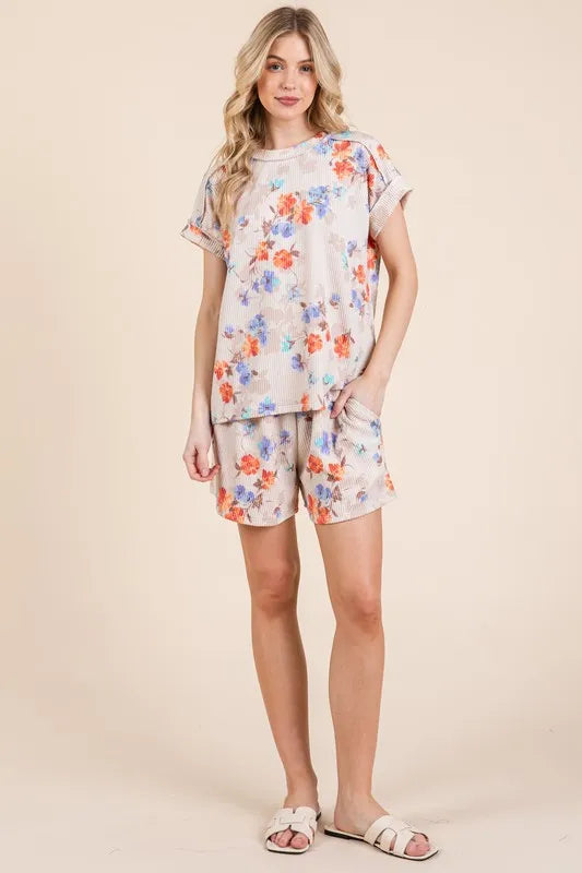 Floral Round Neck RIbbed T-Shirt