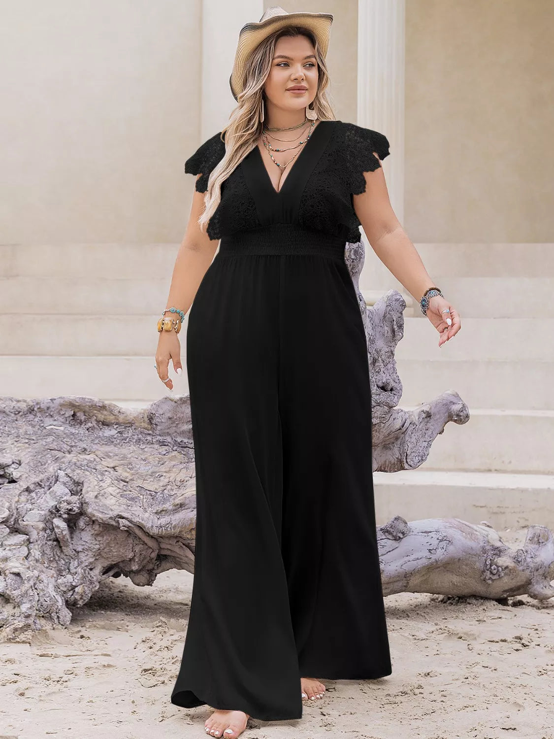 Plus Size Lace Cap Sleeve Wide Leg Jumpsuit with Buttons.