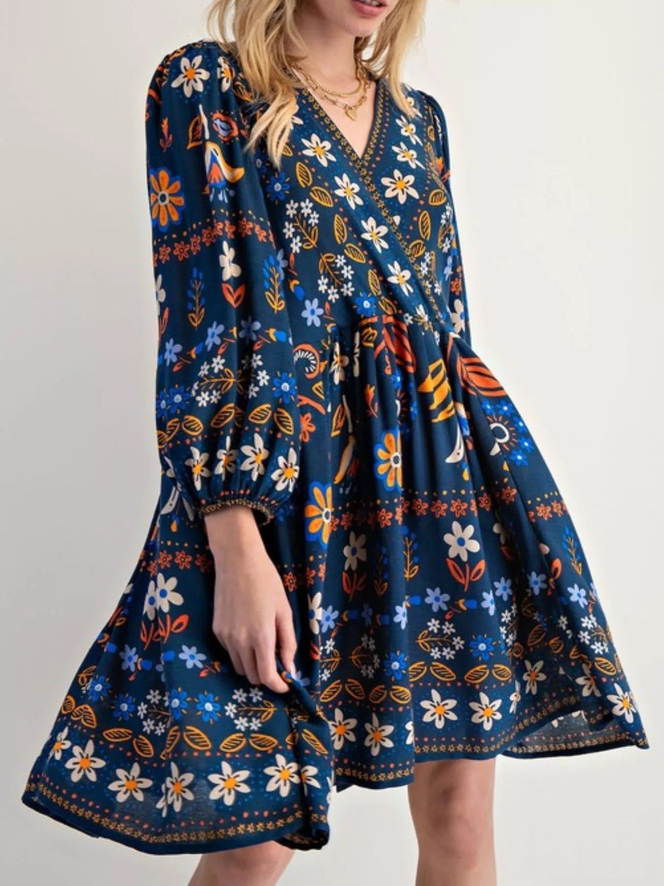Bohemian Floral Print Long Sleeve Mini Dress with Pockets.