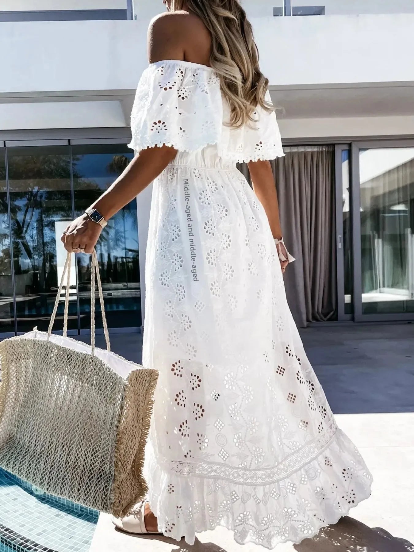 Eyelet Ruffled Hem Off-Shoulder Dress with Slit.