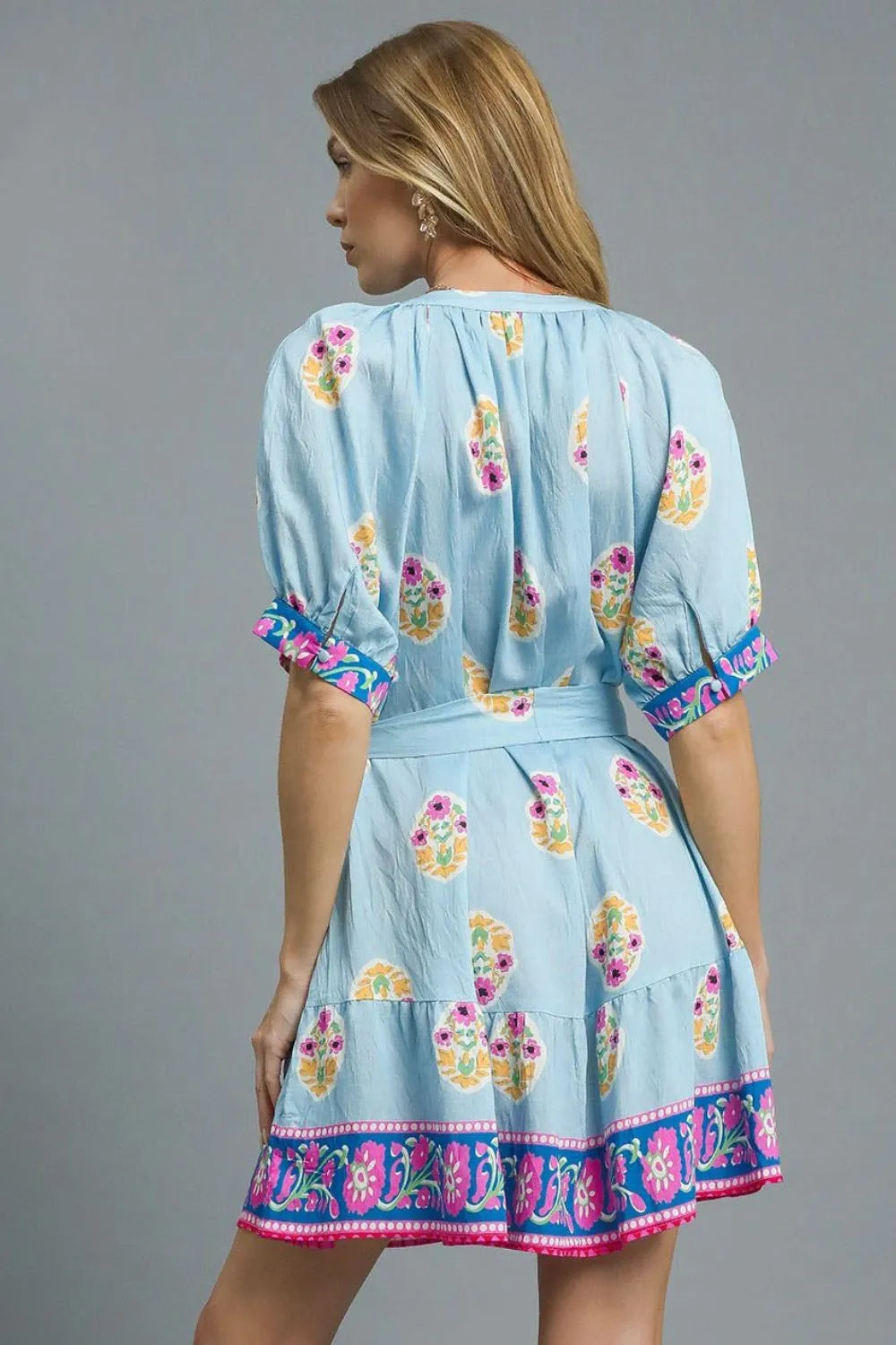 Floral Print Tie Waist Short Sleeve Dress - Buttoned & Tied.