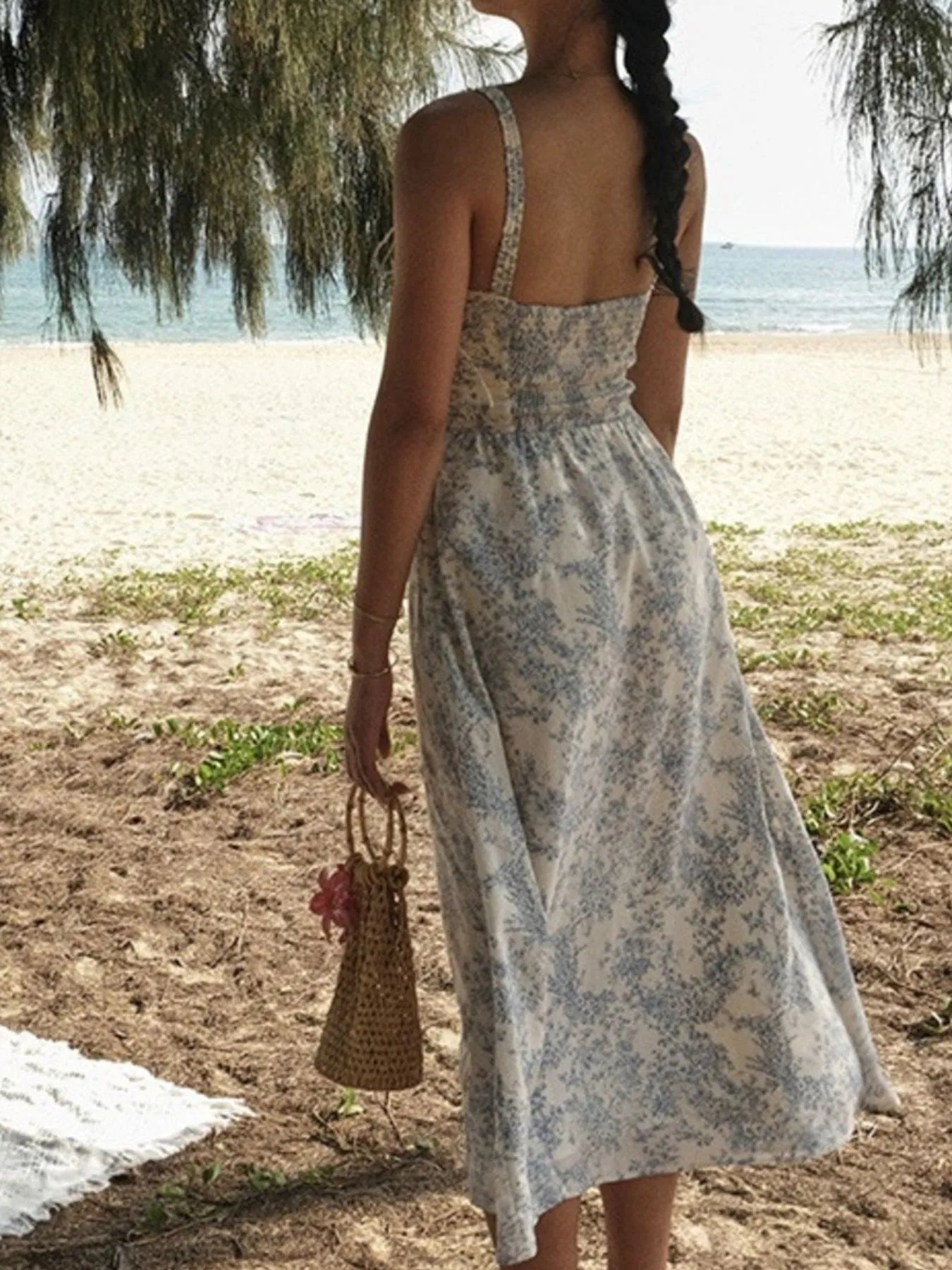 Floral Print Midi Cami Dress - Lace-Up & Ruched.