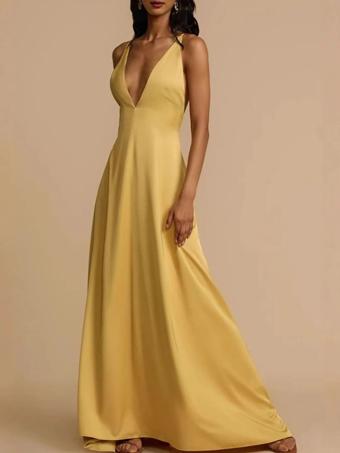Deep V-Neck Maxi Dress - Backless & Crisscross.
