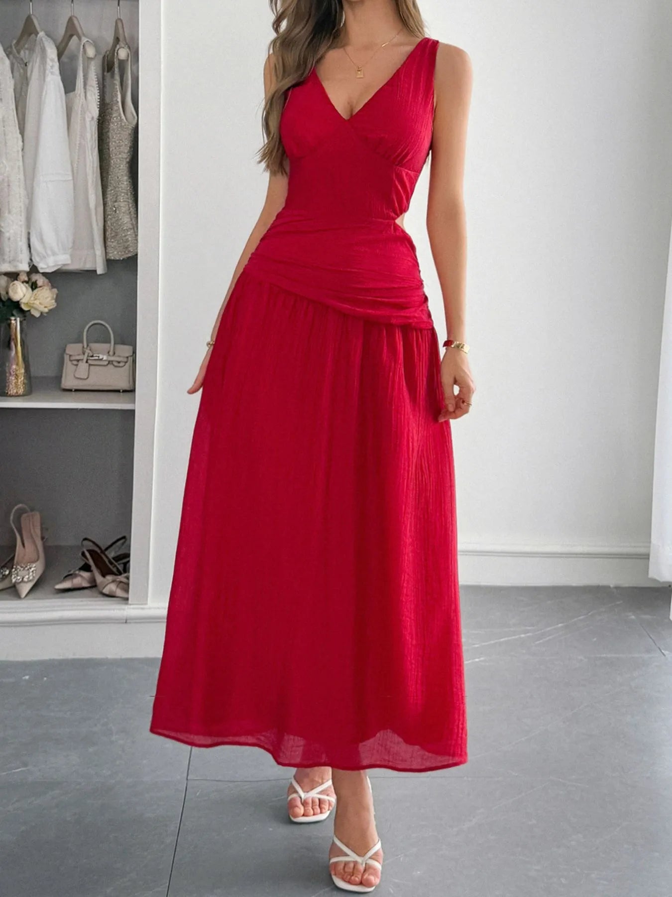Cutout V-Neck Sleeveless Midi Dress - Ruched.