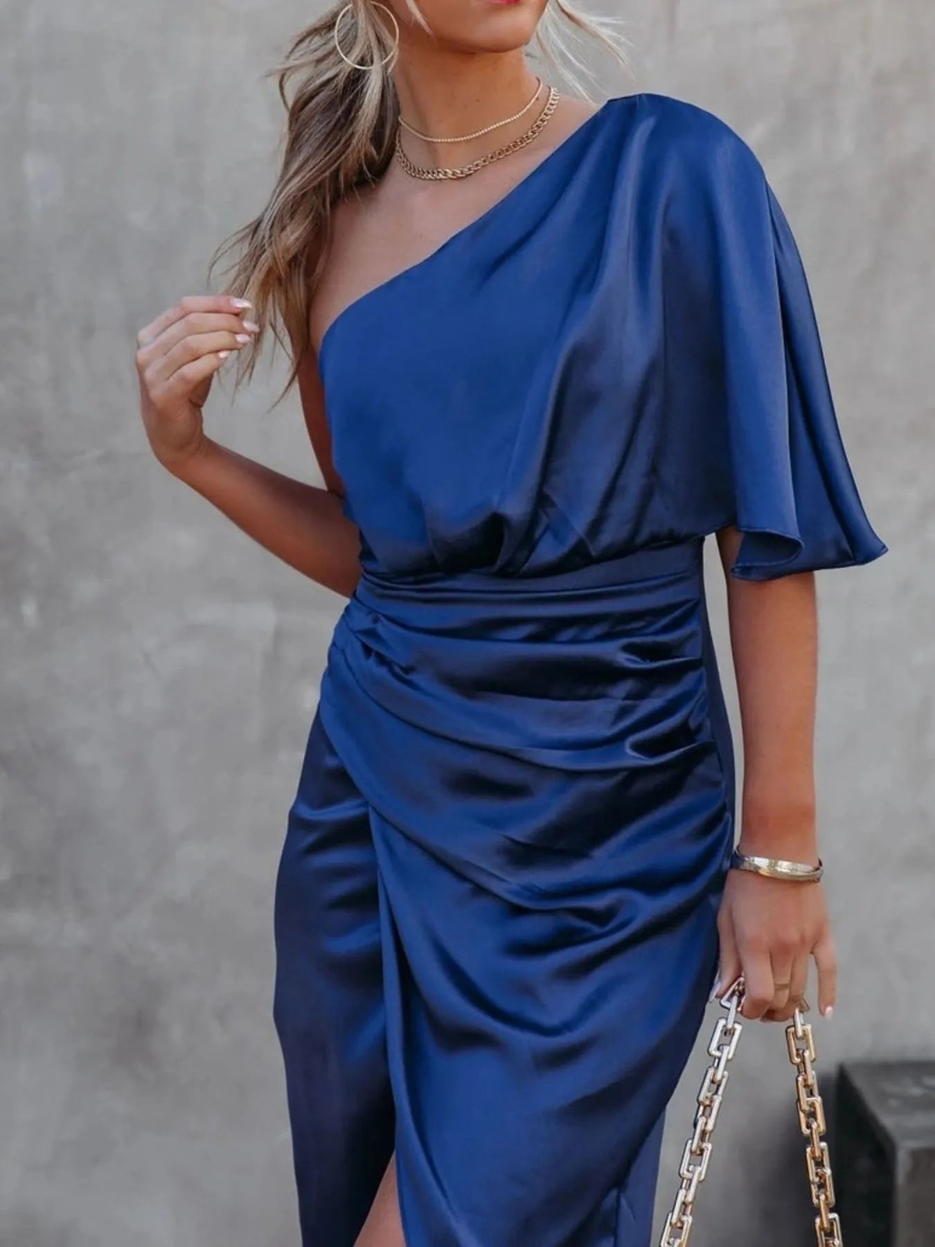 One-Shoulder Wrap Dress with Bow Detail - Belted.