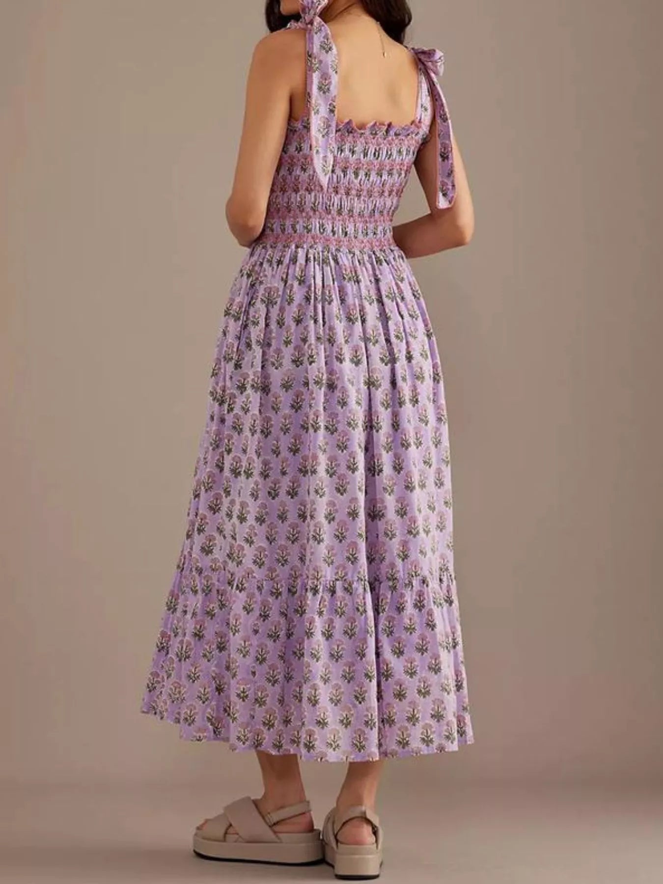 Floral Square Neck Puff Sleeve Maxi Dress with Ruffle Hem.