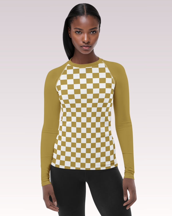 Gold Checkerboard II Long Sleeve Rash Guard Top