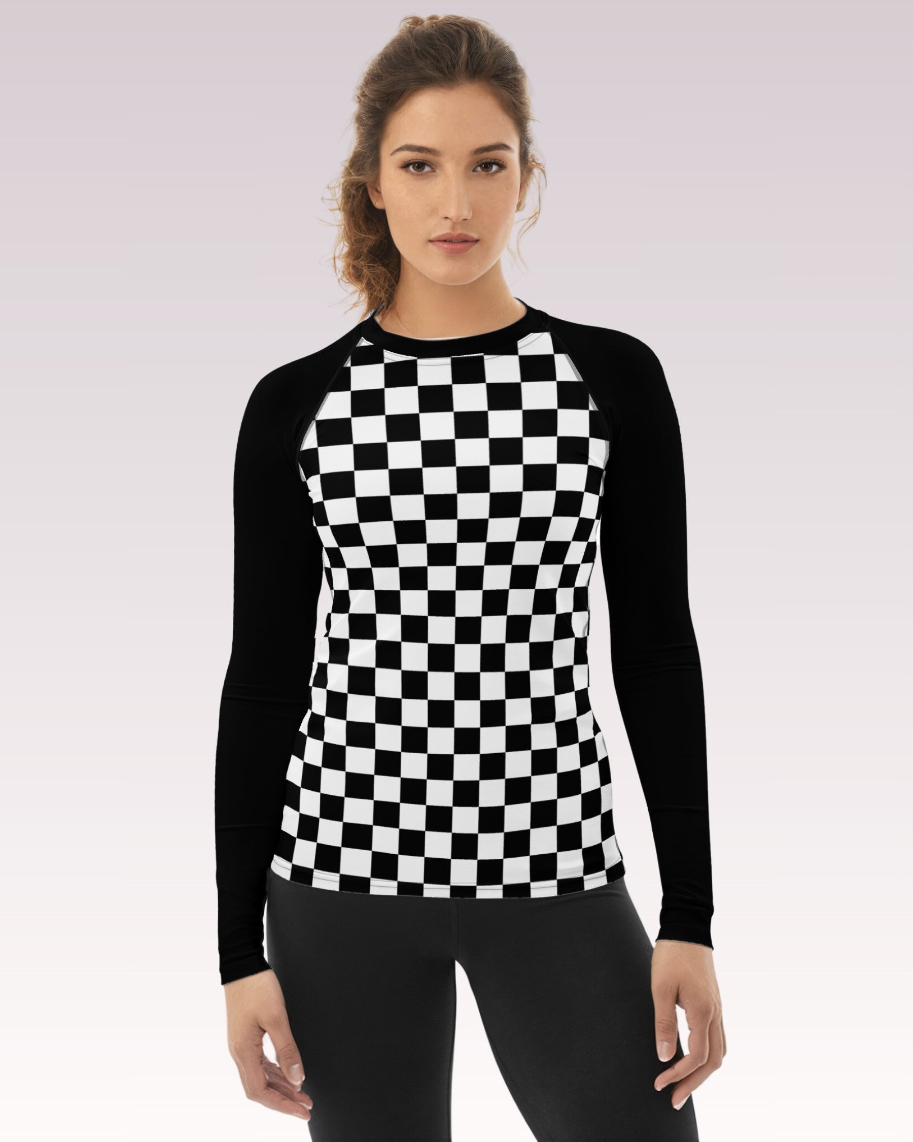 Black & White Checkerboard I Long Sleeve Rash Guard Top