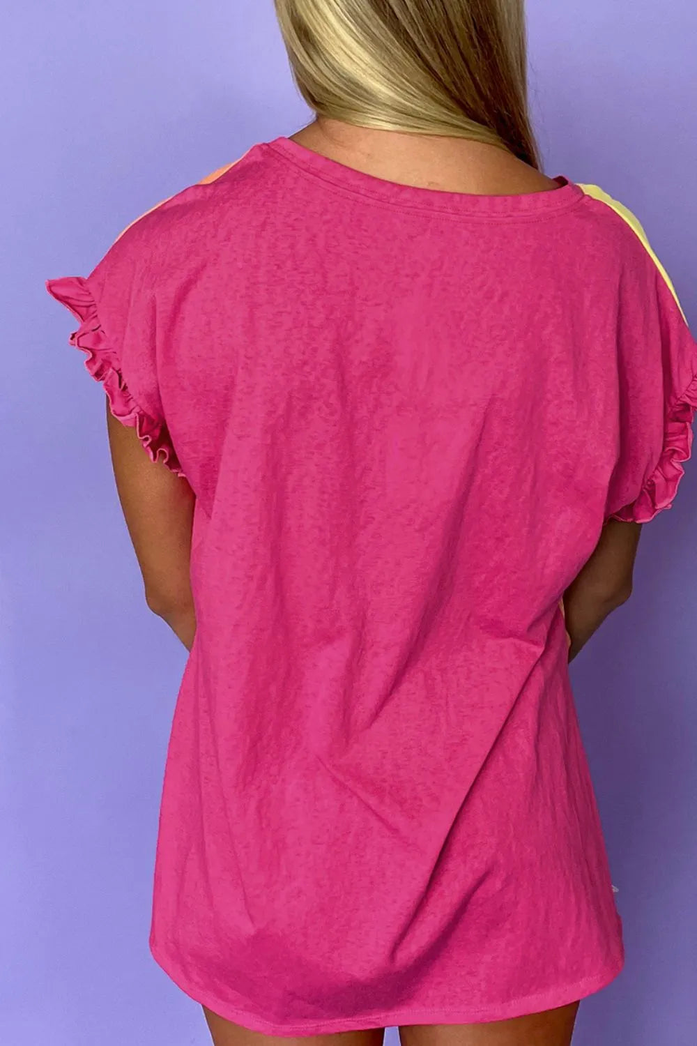 Frill Color Block Crew Neck Loose Fit T Shirt