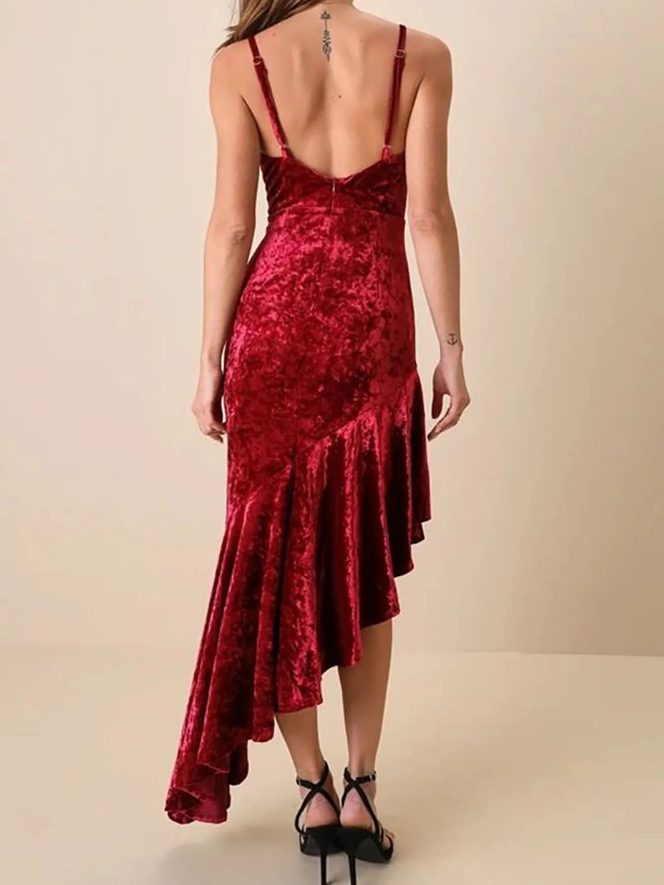 Asymmetrical Velvet Cami Dress with Ruffle Hem and Slit.