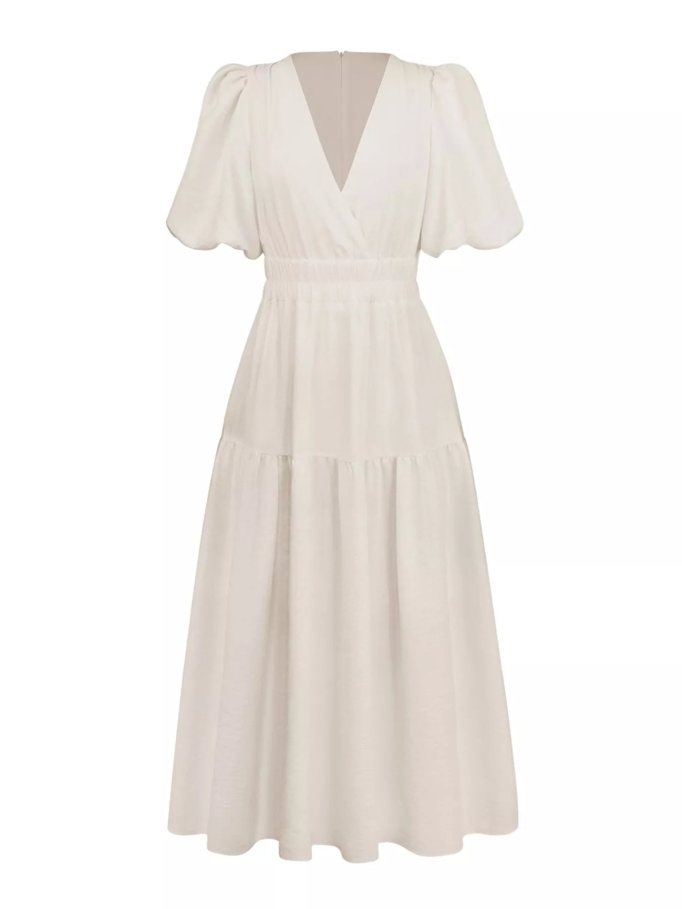 Cream tiered midi dress with a V-neck, smocked waist, and short puff sleeves