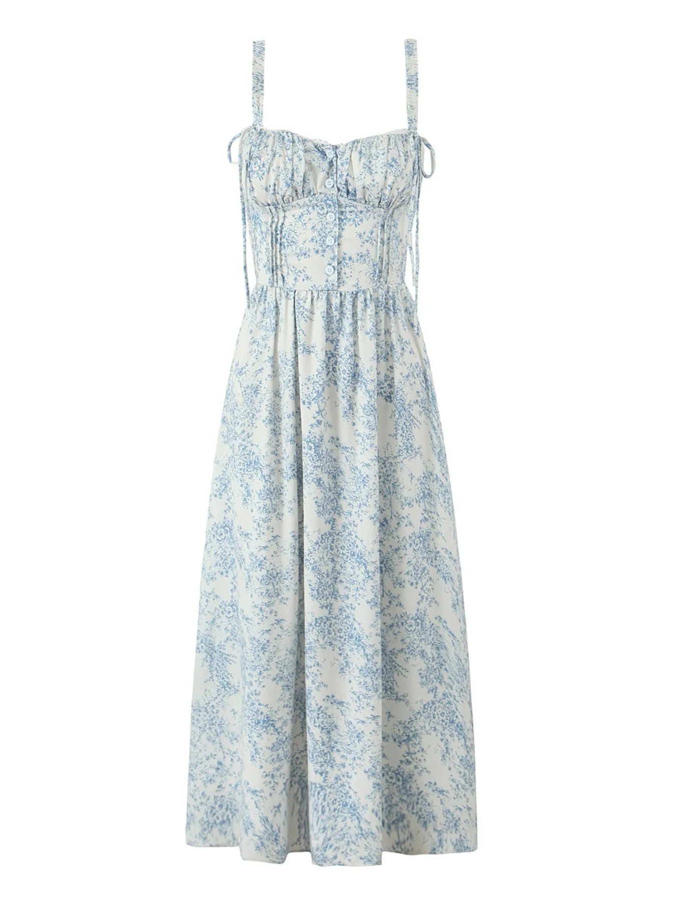 Floral Print Midi Cami Dress - Lace-Up & Ruched.