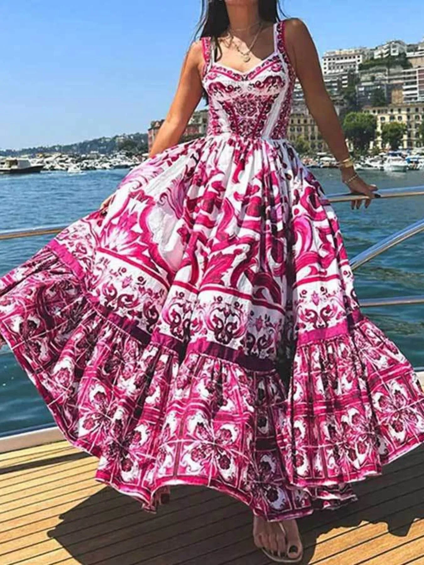 Printed Tie Neck Balloon Sleeve Dress.