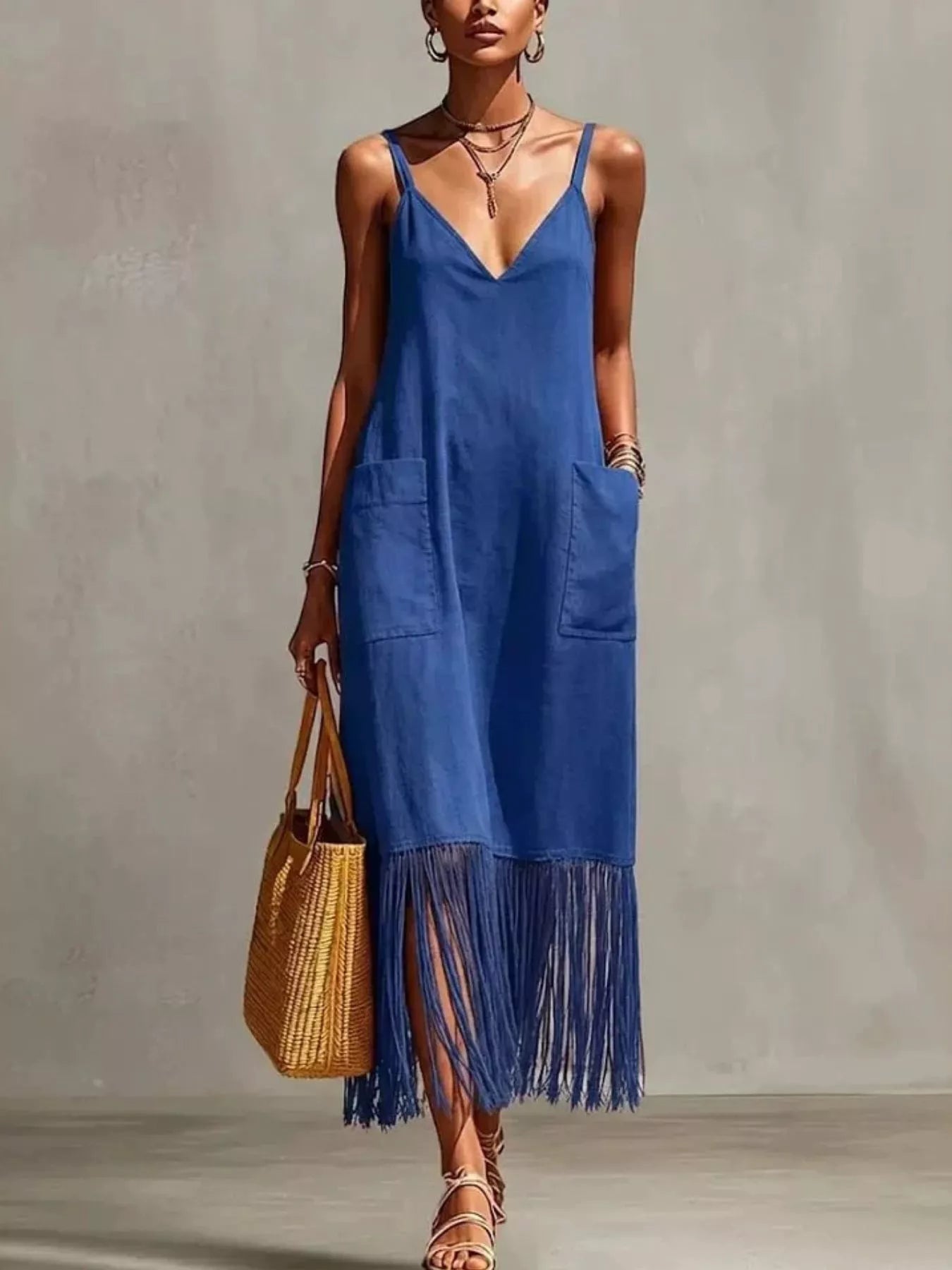 Plus-size V-neck spaghetti strap midi dress with fringe hem and pockets