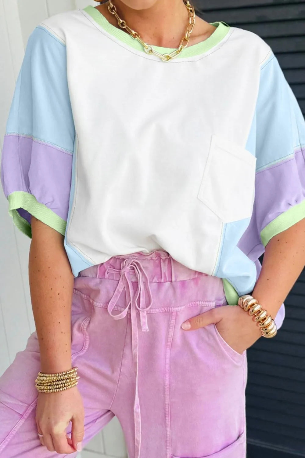 Color Block Patchwork Half Sleeve Oversized T Shirt