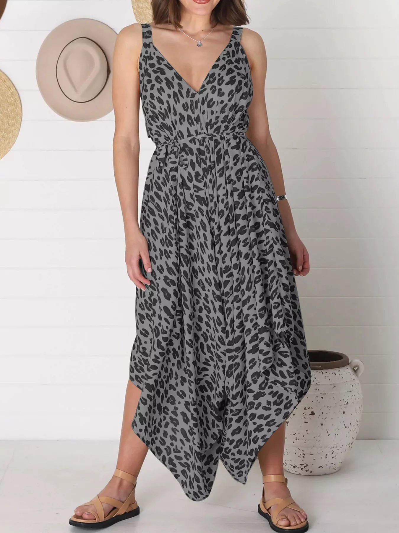 Plus Size Leopard Print V-Neck Wide Leg Jumpsuit with Tie.