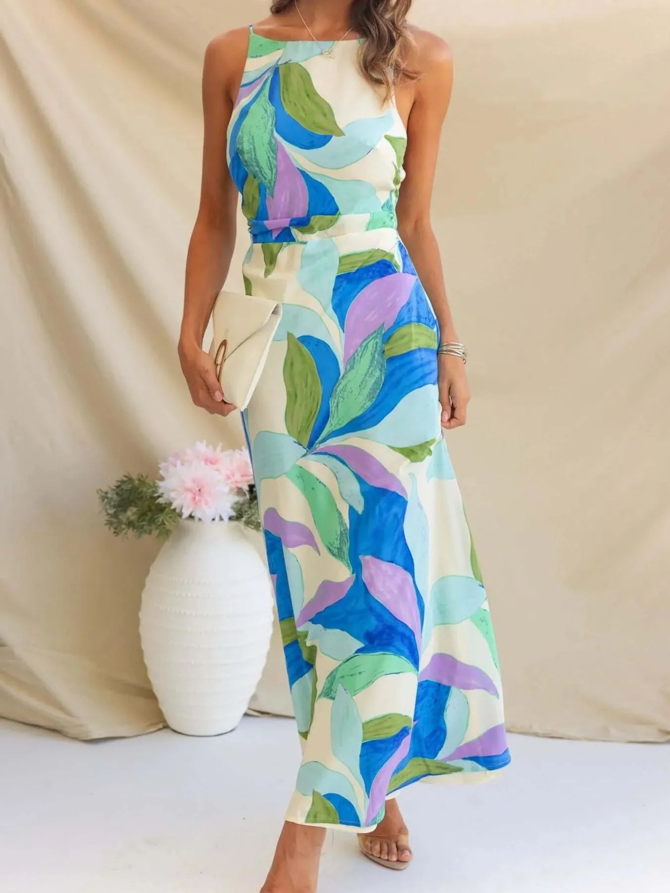 Printed Balloon Sleeve Maxi Shirt Dress with Tie.