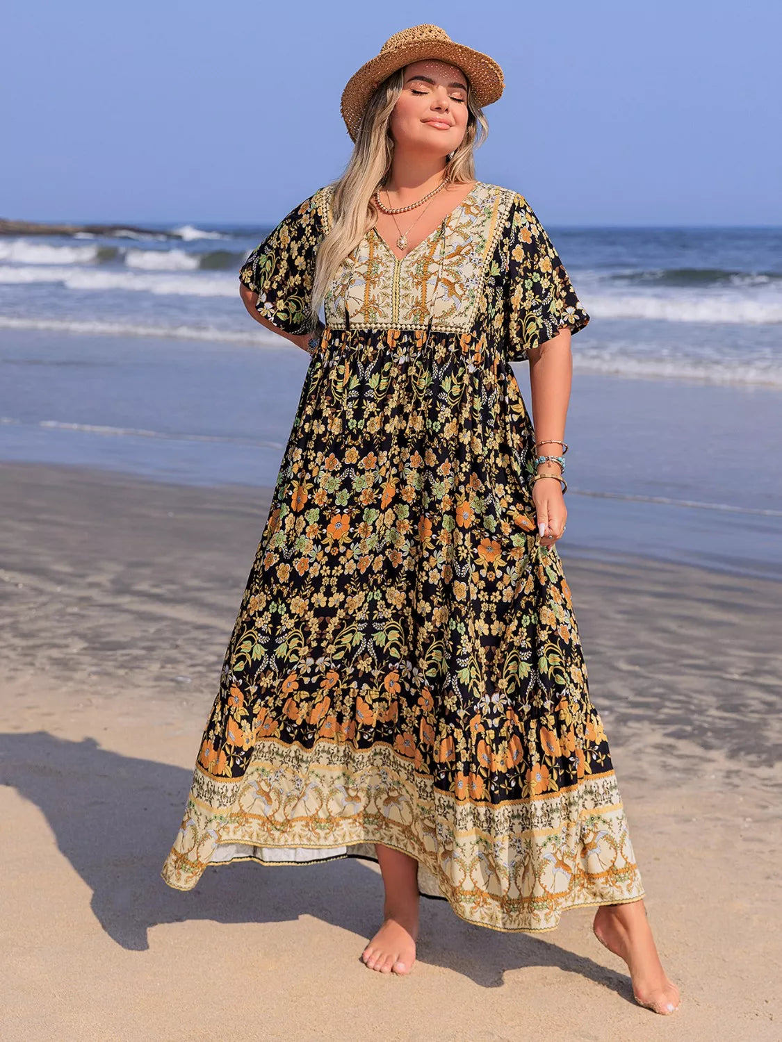 Plus Size Boho Ruffled Maxi Dress with Flutter Sleeves - Basic.