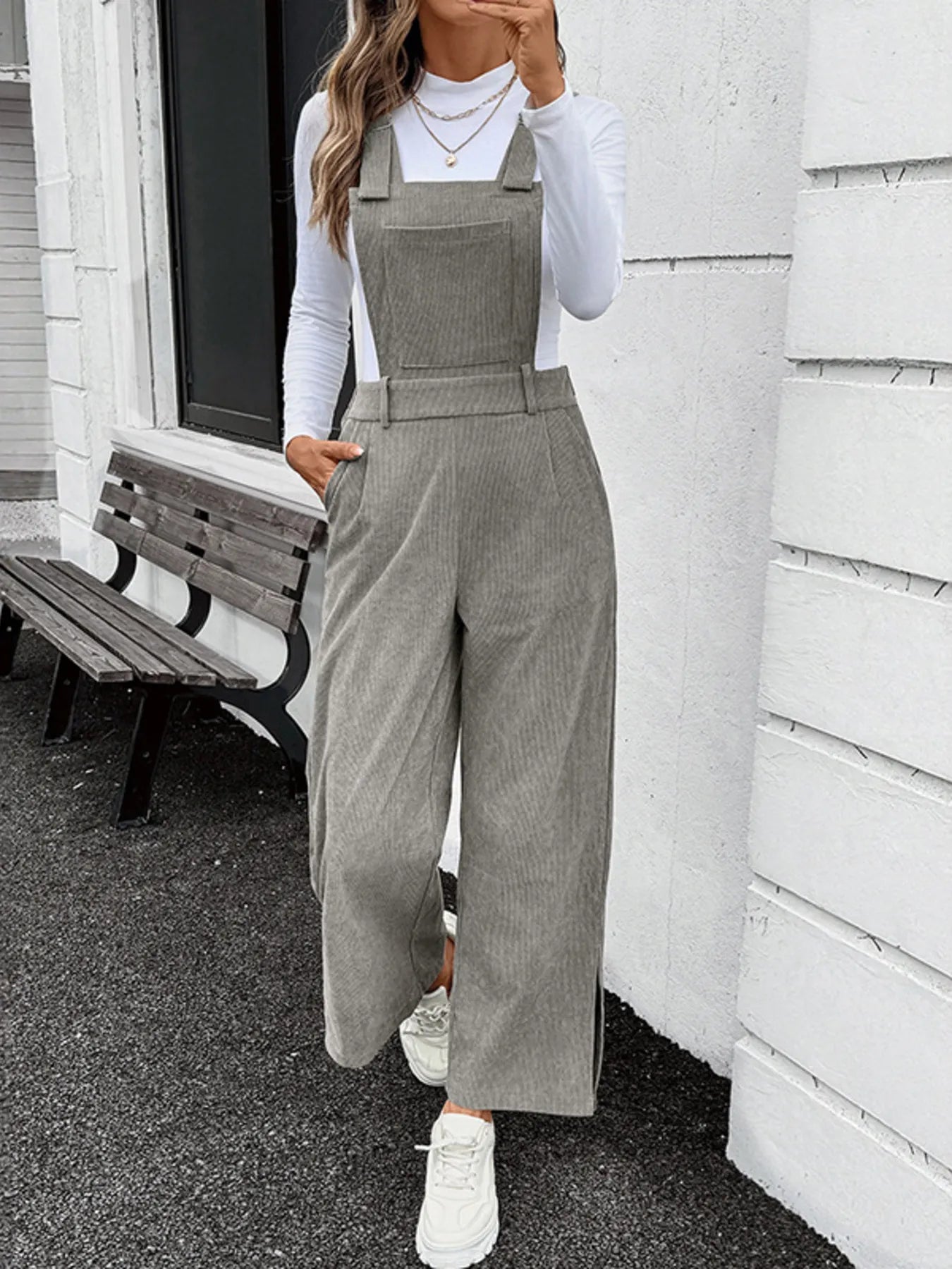 Slit Wide Leg Overalls with Pockets.