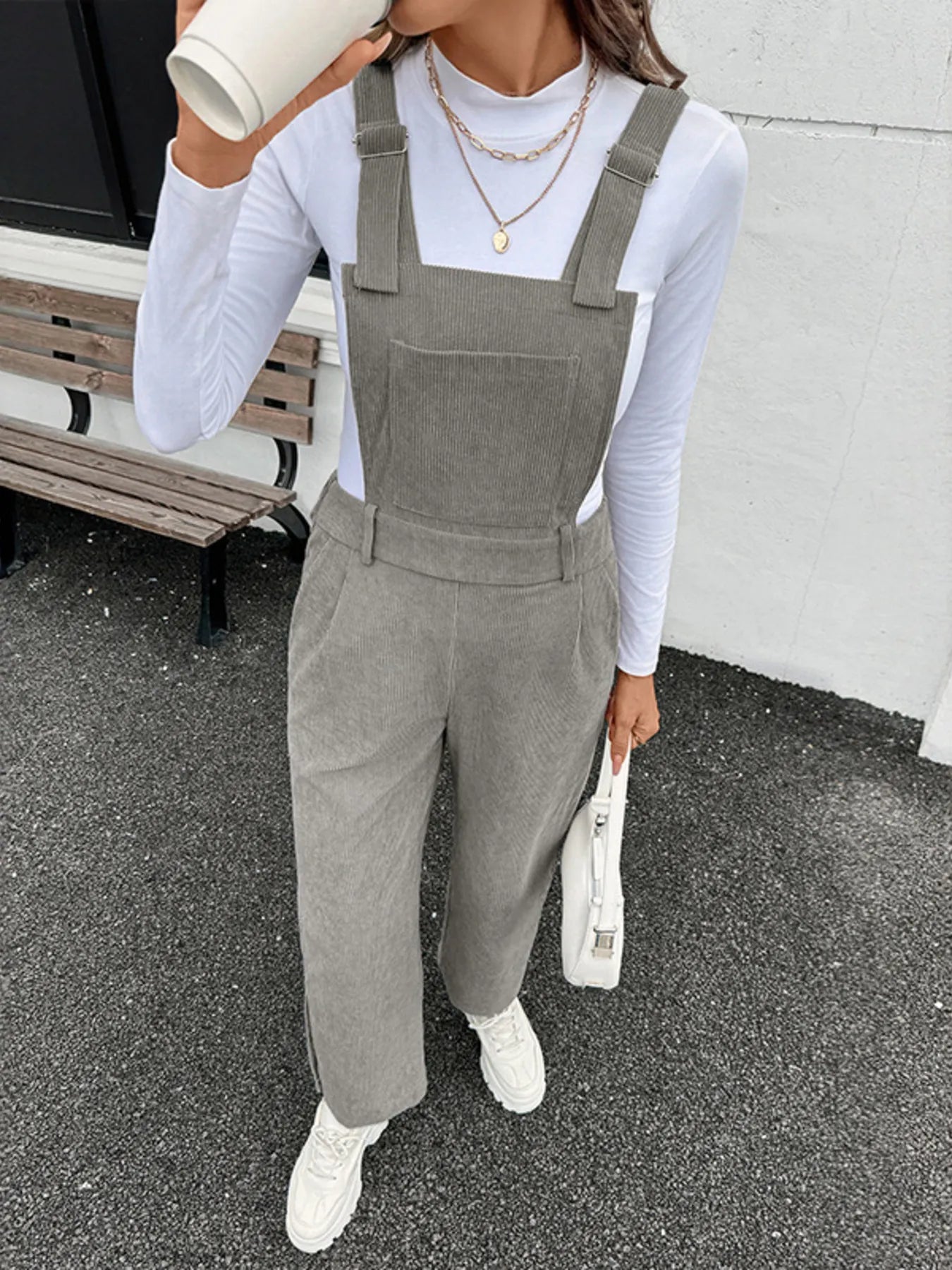Slit Wide Leg Overalls with Pockets.