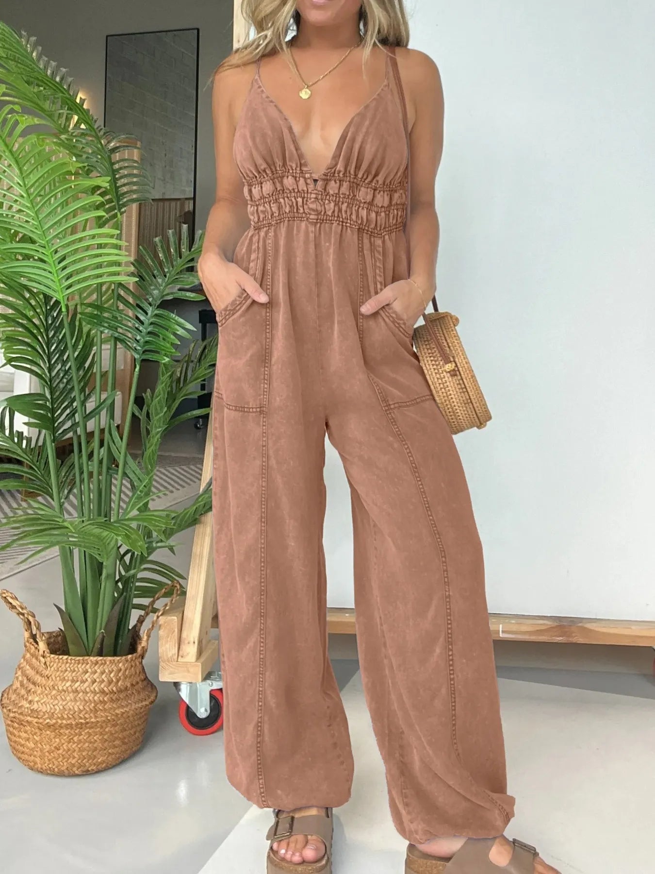 Plus Size Wide Leg Spaghetti Strap Jumpsuit with Pockets and Smocked.