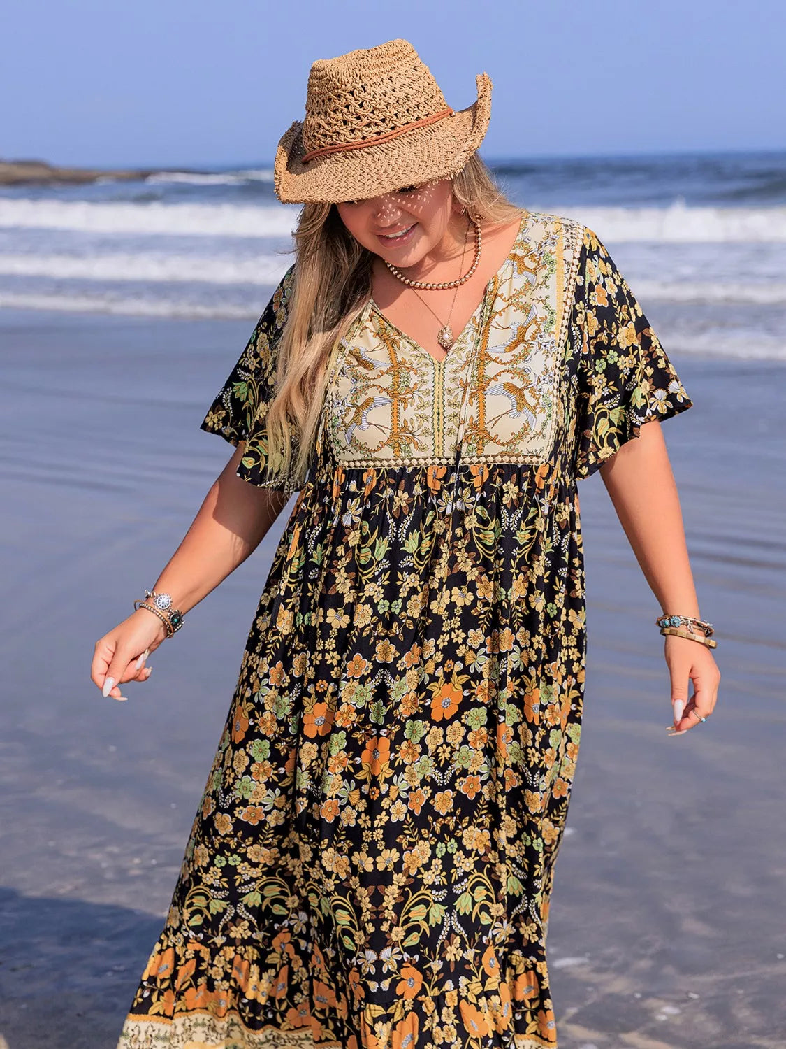 Plus Size Boho Ruffled Maxi Dress with Flutter Sleeves - Basic.