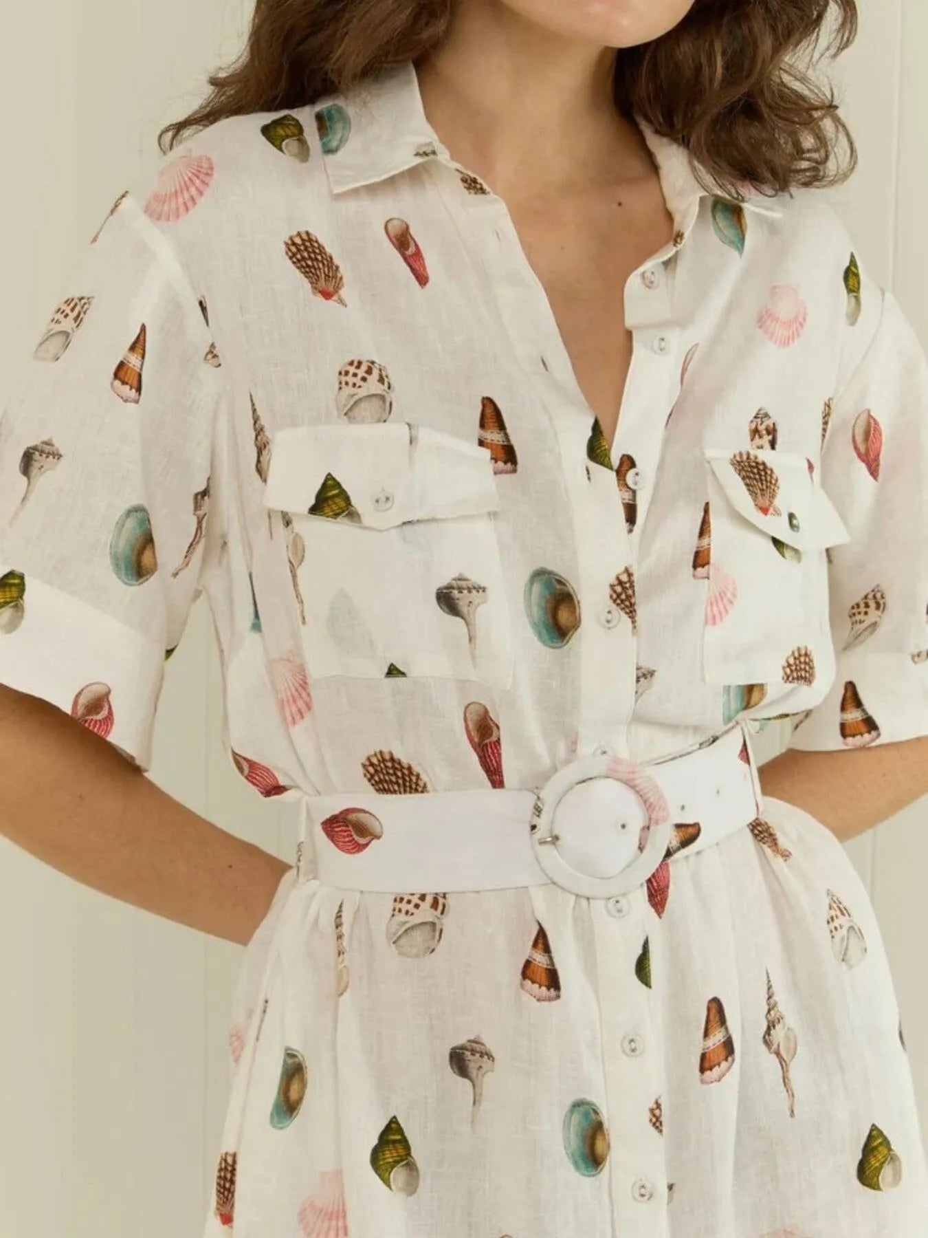 Printed Deep V-Neck Tie Shoulder Mini Dress - Backless & Zipper.