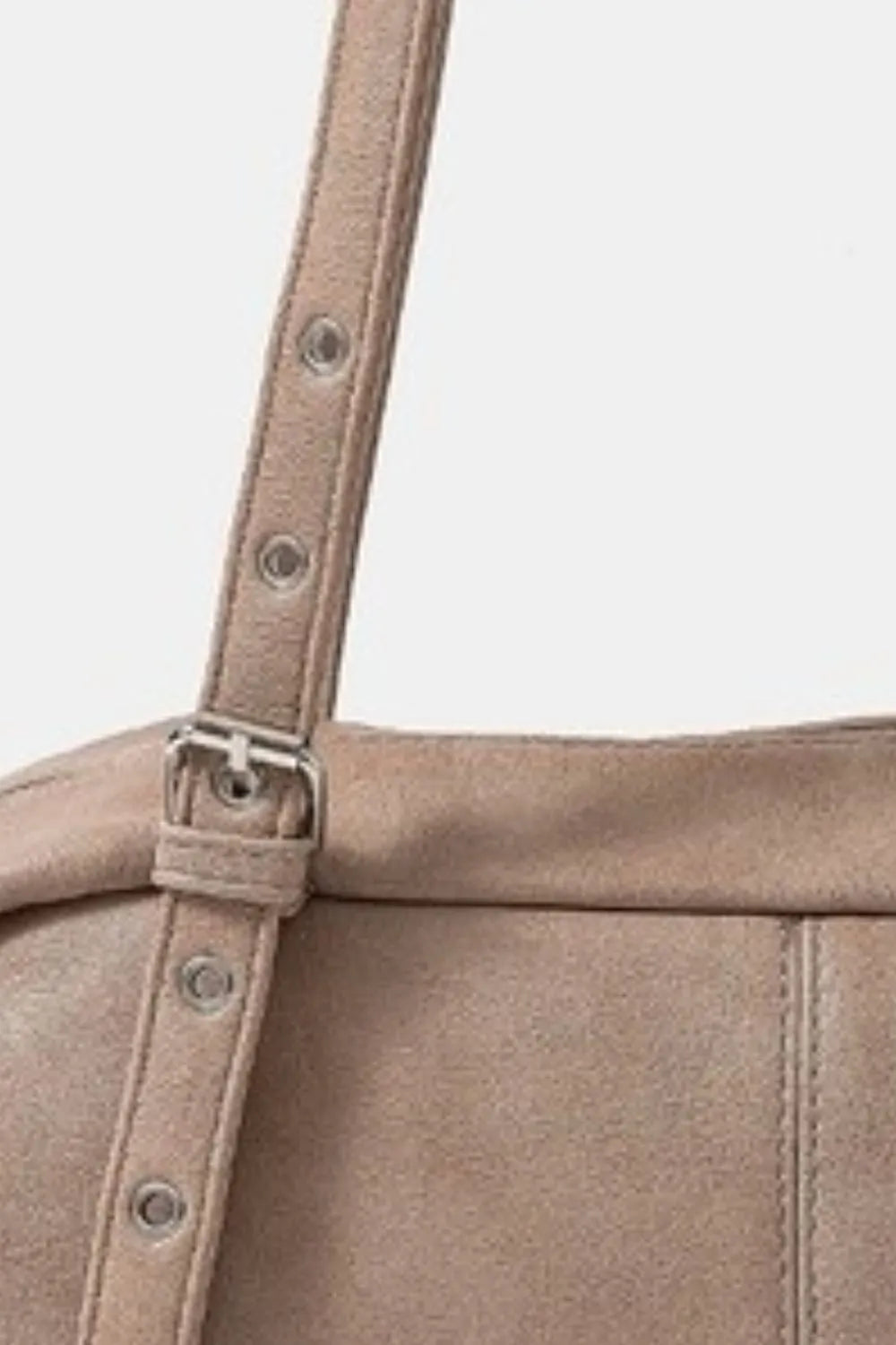 Multi Grommet Belt Strap Rustic Rectangular Hand Bag - Taupe.