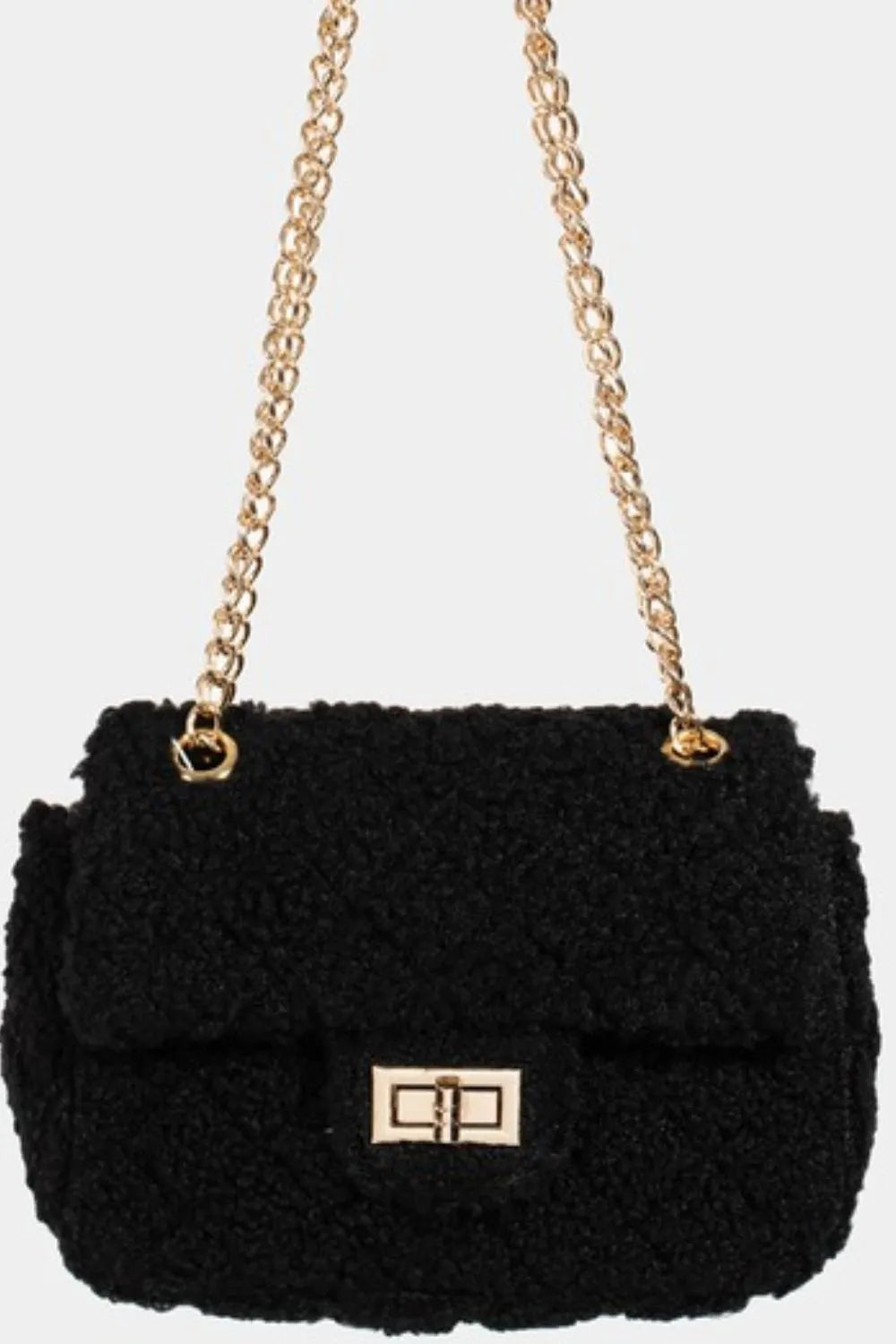Faux Fur Rectangle Crossbody Bag with Gold Chain.