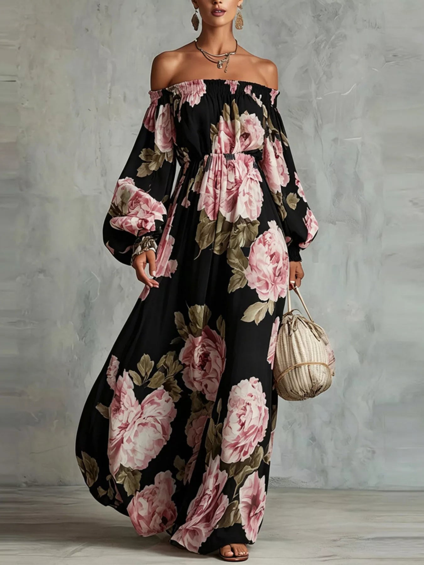 White floral off-shoulder maxi dress with smocked waist, ruffled details, and long flowy sleeves