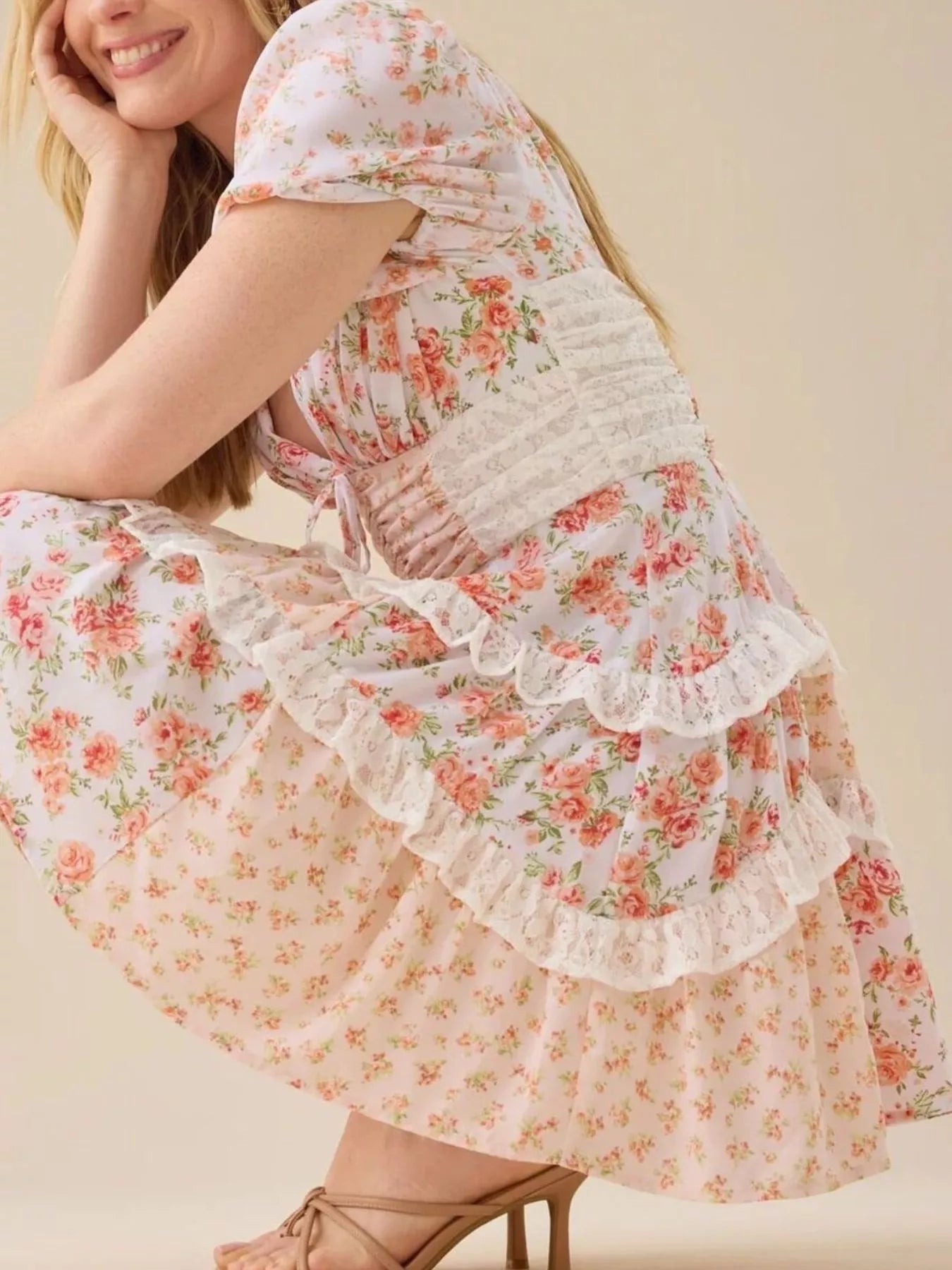 Floral Puff Sleeve V-Neck Mini Dress - Embroidered.