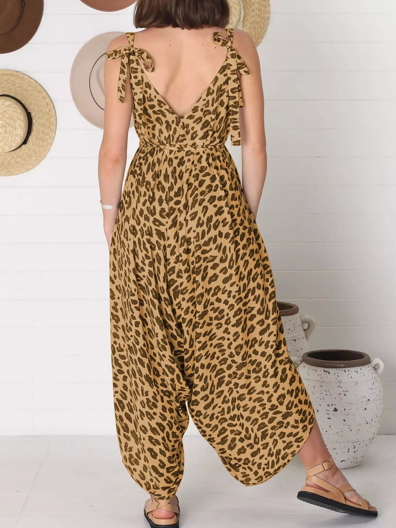 Plus Size Leopard Print V-Neck Wide Leg Jumpsuit with Tie.