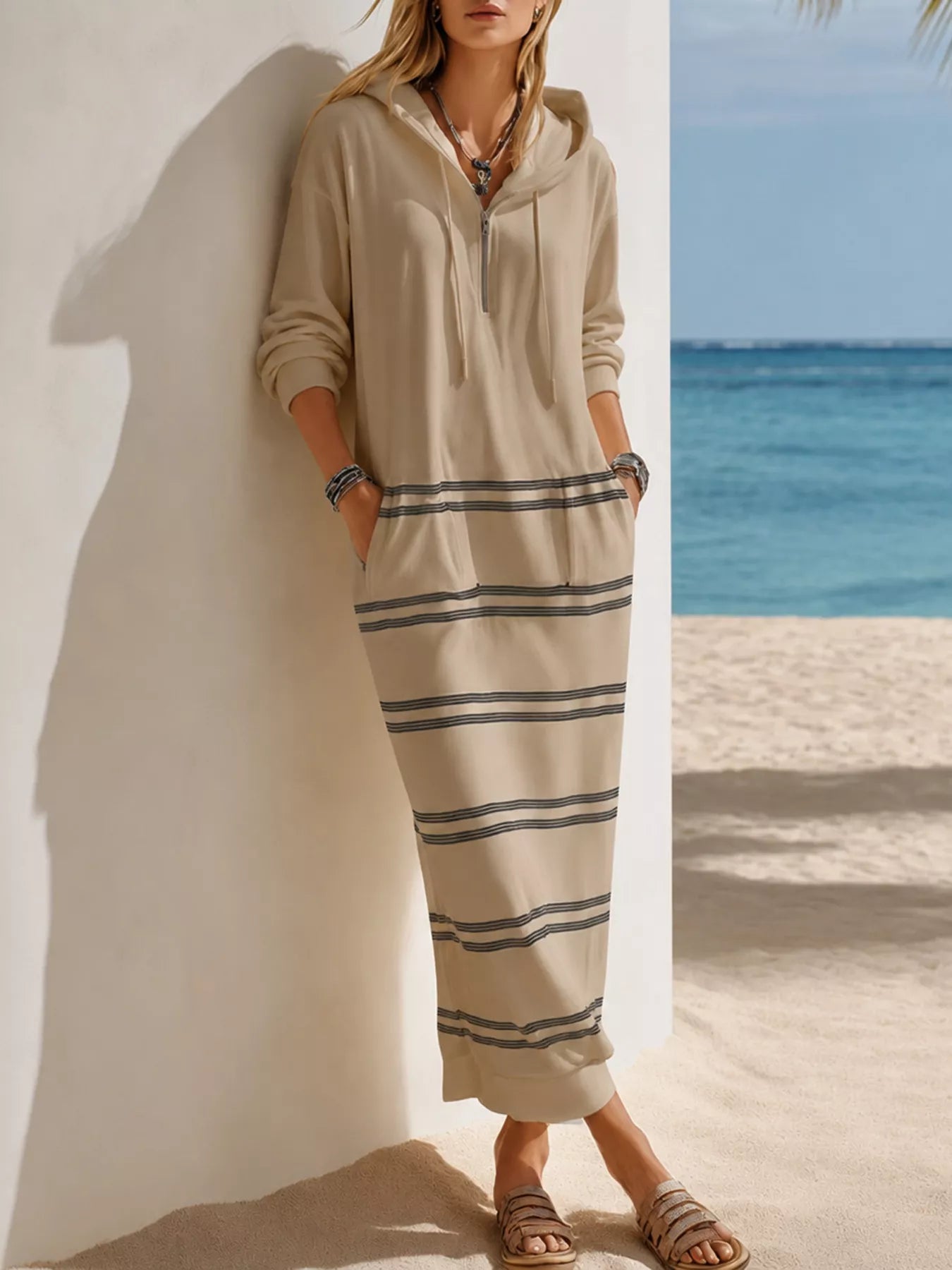 Striped hooded maxi dress with drawstring, pockets, zipper, and long sleeves in multiple colors