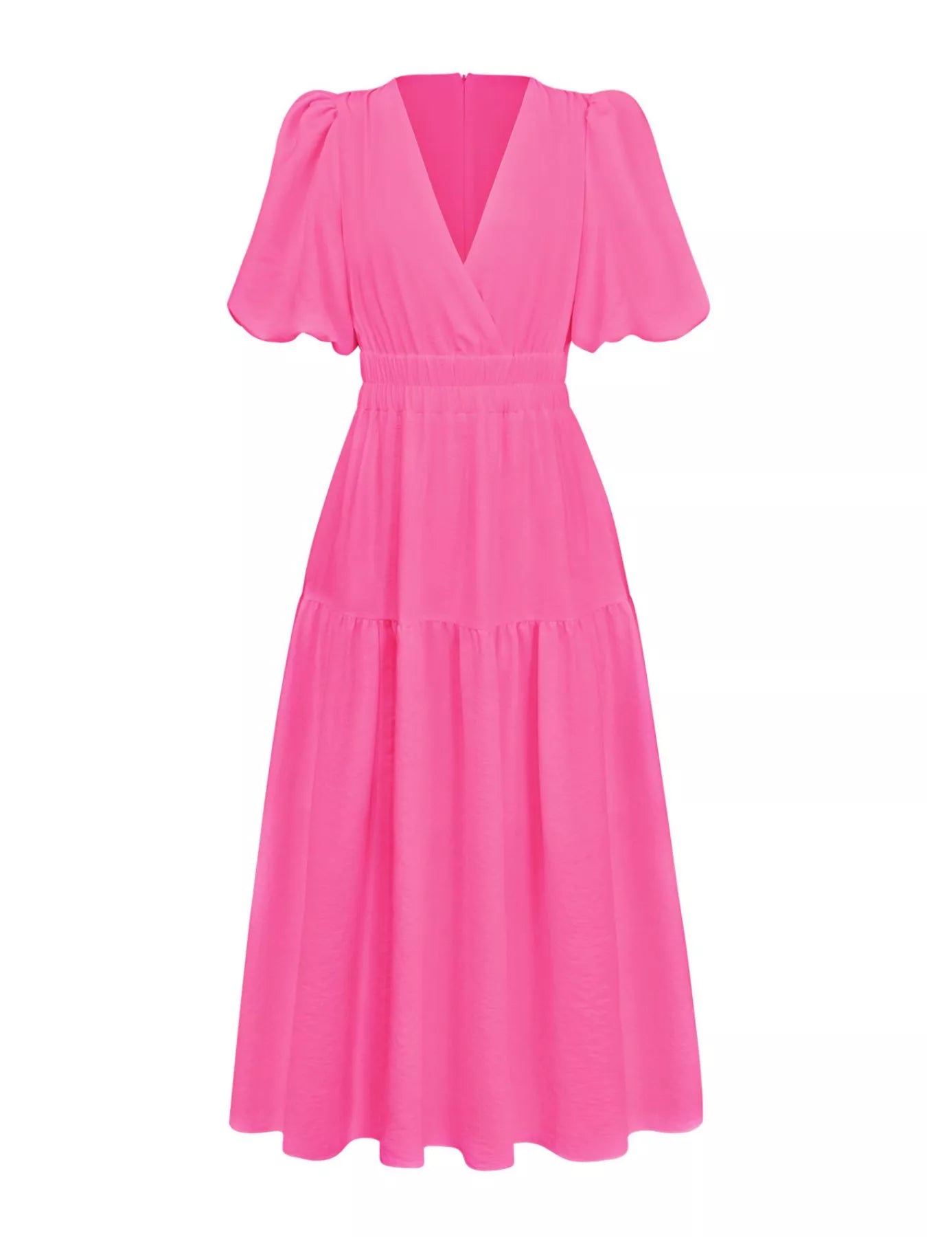 Cream tiered midi dress with a V-neck, smocked waist, and short puff sleeves