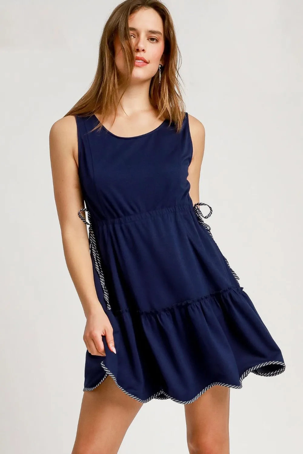 Umgee Frill Drawstring Waist V-Neck Mini Tank Dress - Neutral.