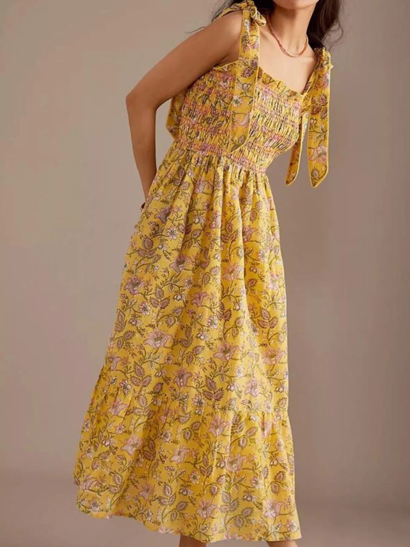 Floral Square Neck Puff Sleeve Maxi Dress with Ruffle Hem.