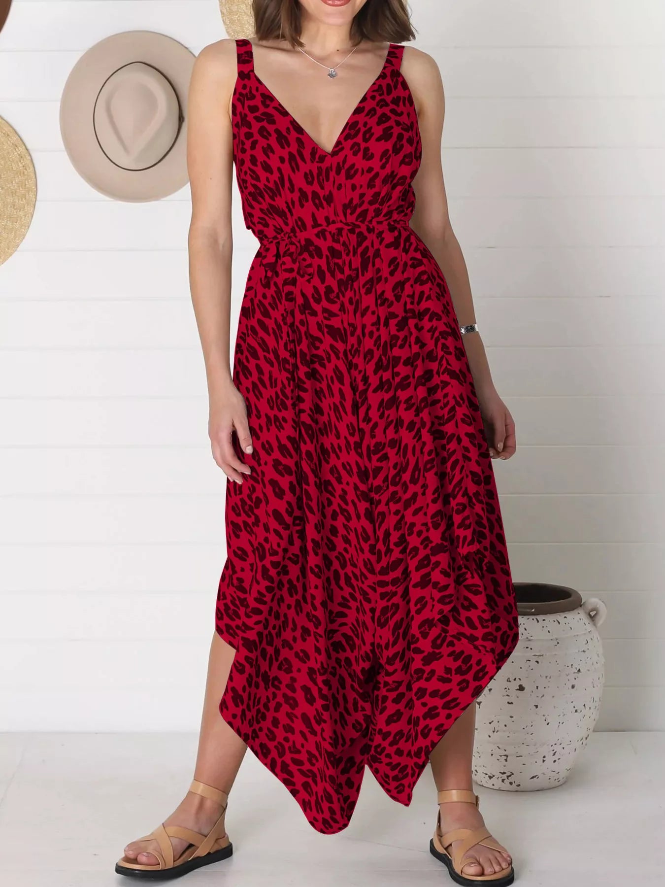 Plus Size Leopard Print V-Neck Wide Leg Jumpsuit with Tie.