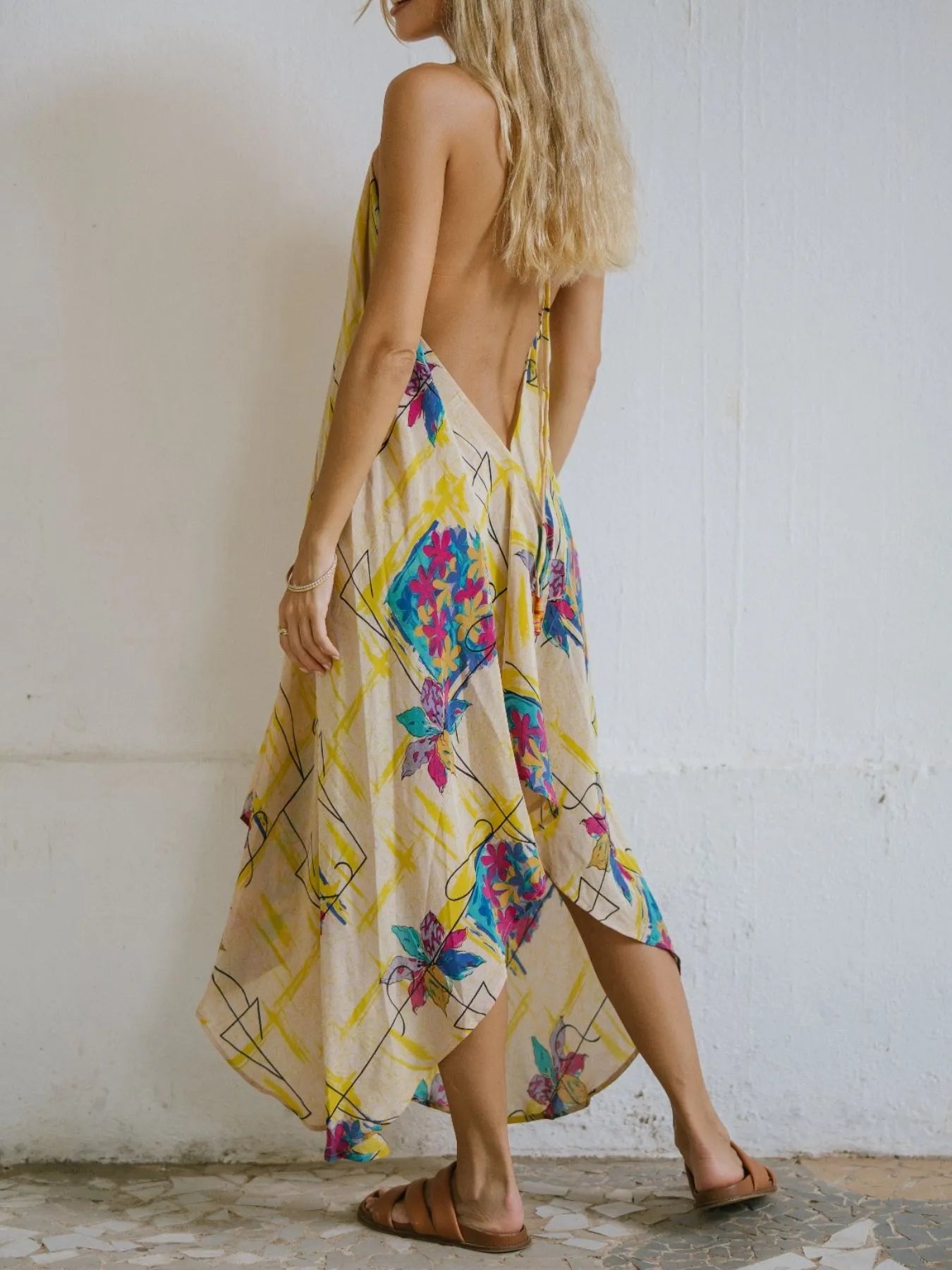 Backless Printed Halter Neck Maxi Dress - Tied.