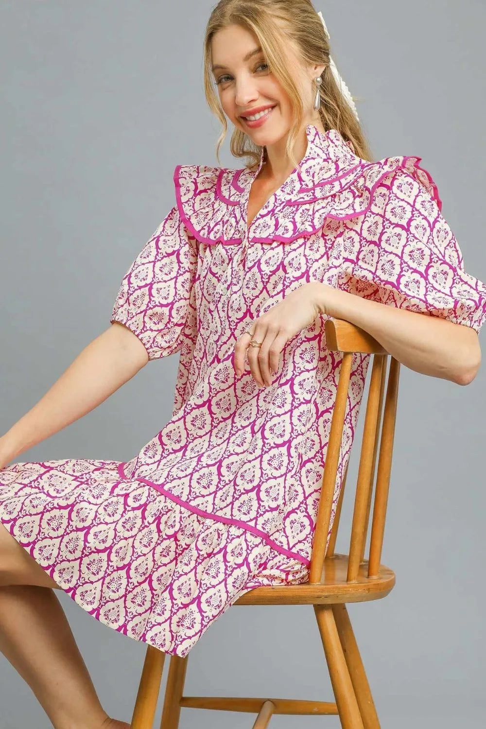 Ruffled Raw Hem Cap Sleeve V-Neck Denim Dress - Pocketed.