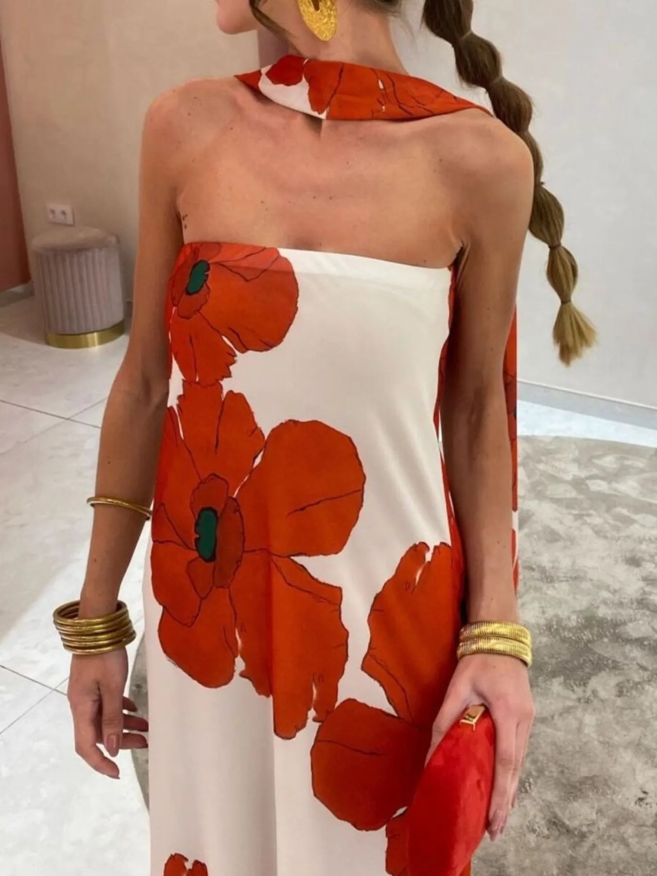 Printed V-Neck Cami Dress - Backless & Cutout.