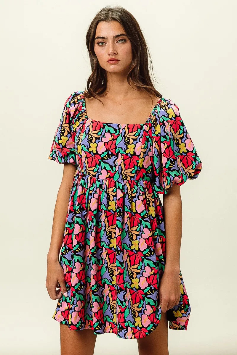 Floral Print Ruffled Hem Dress - Cutout & Tied.