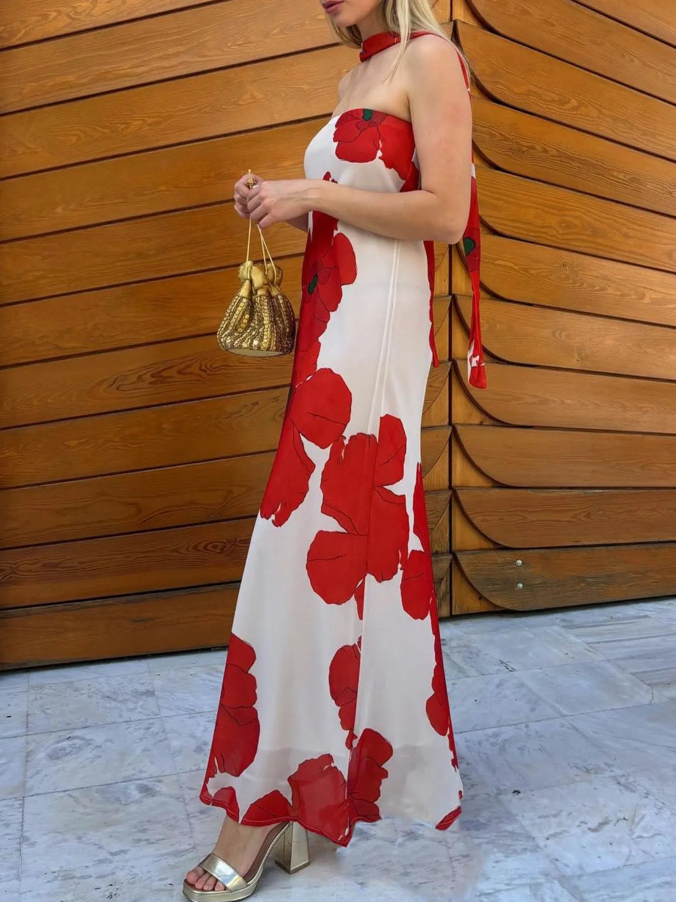 Printed V-Neck Cami Dress - Backless & Cutout.