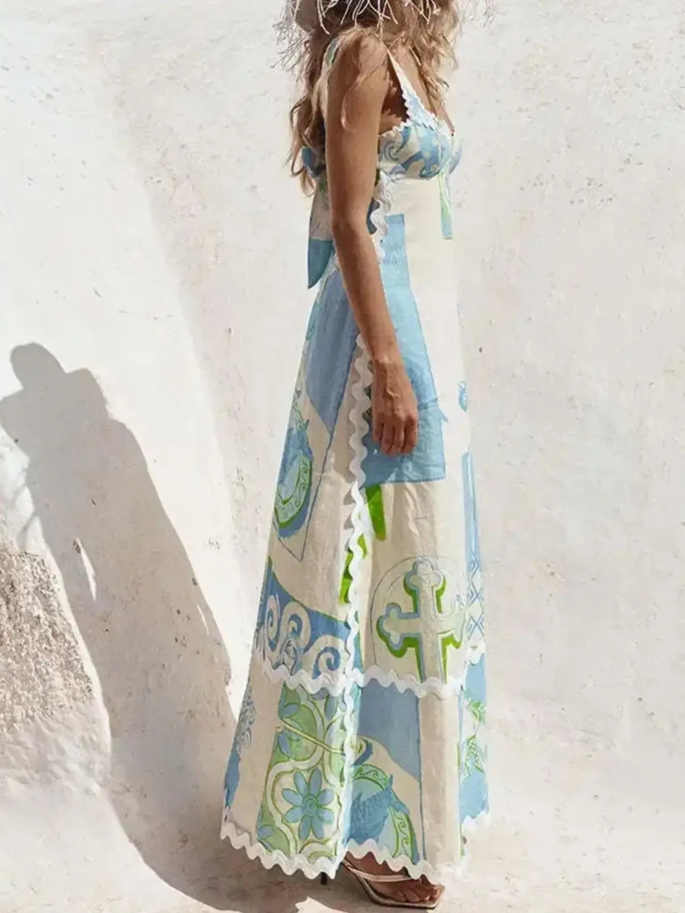 Tied Front Printed Slit Maxi Cami Dress - Smocked.