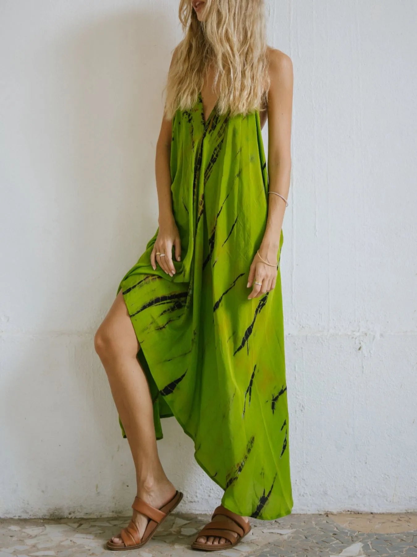 Asymmetrical Hem Printed Halter Neck Dress - Backless.