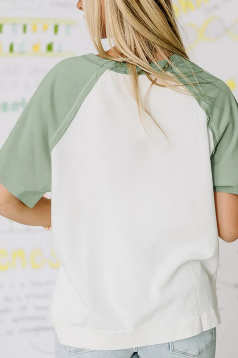 Color Block Raglan Short Sleeve Half Buttons High Low T Shirt