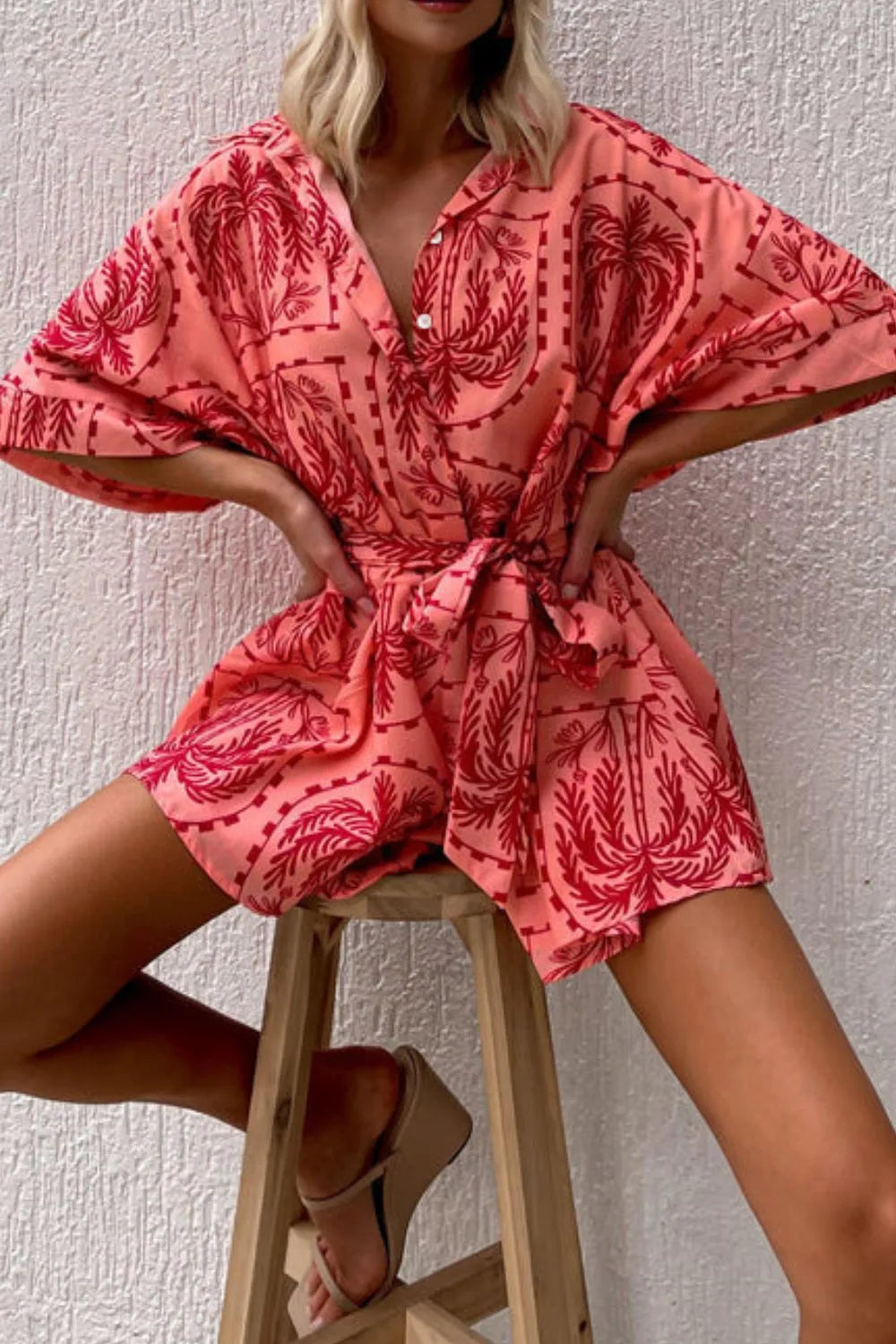 Printed Tie Waist Romper with Buttons.