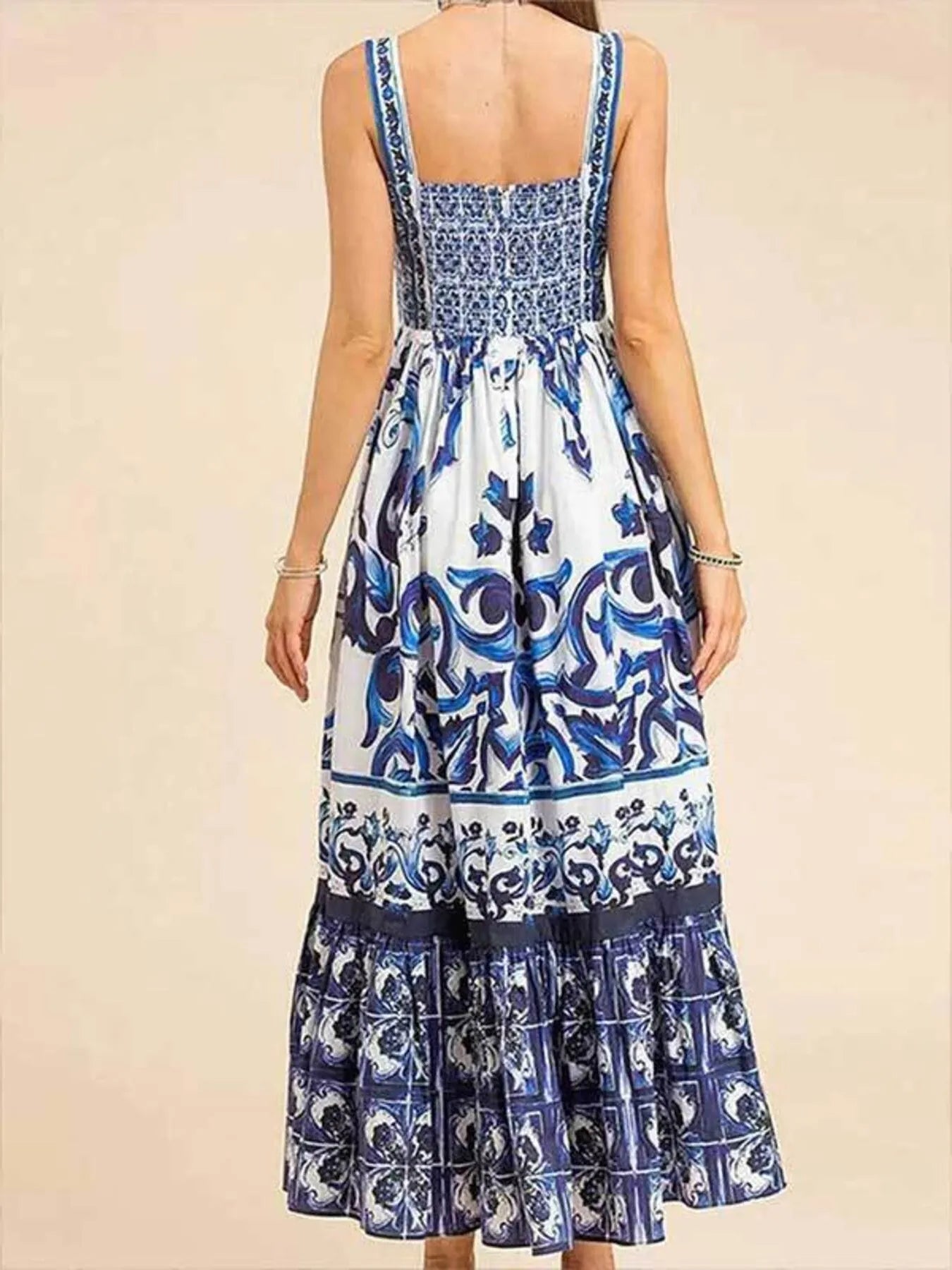 Printed Tie Neck Balloon Sleeve Dress.