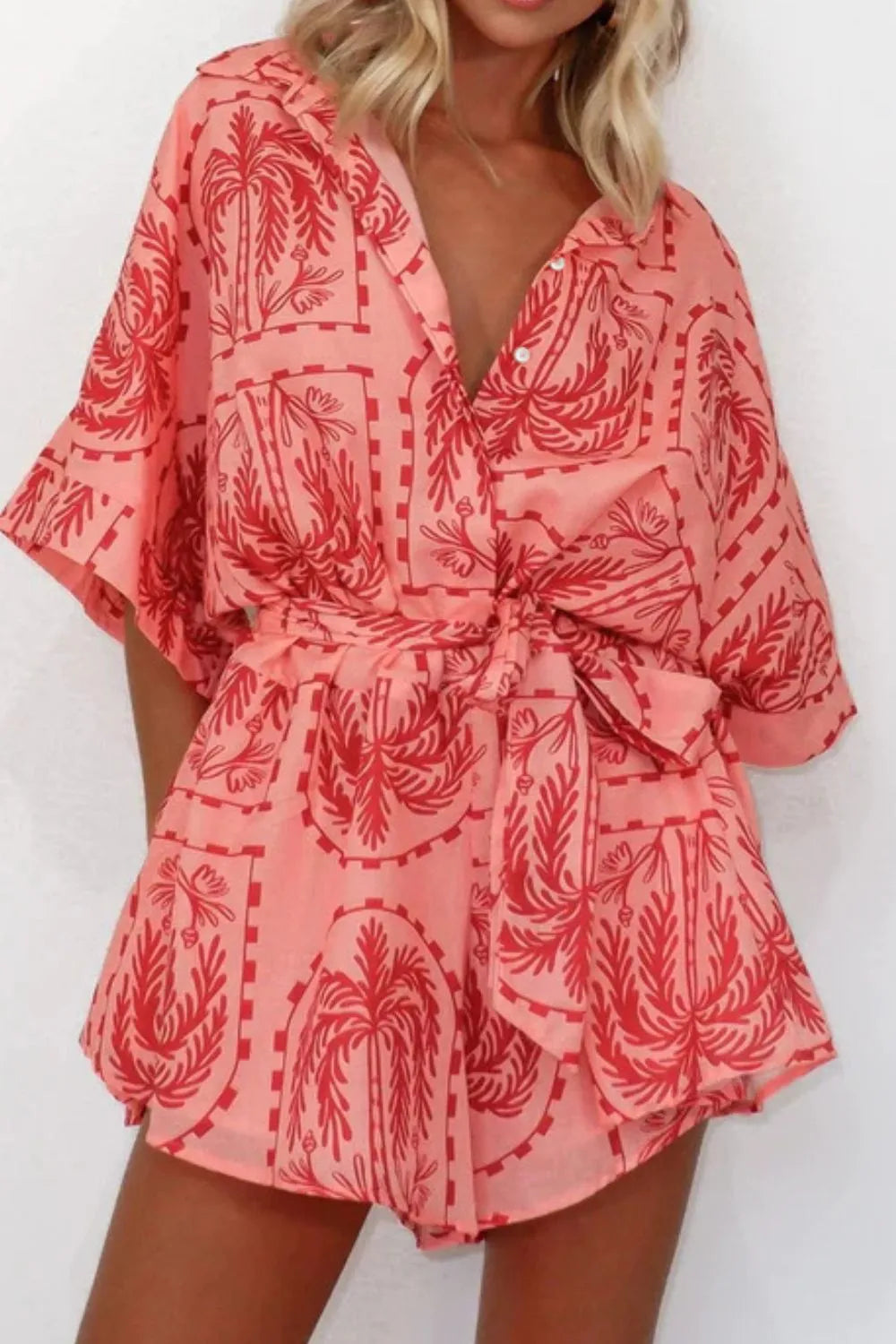 Printed Tie Waist Romper with Buttons.