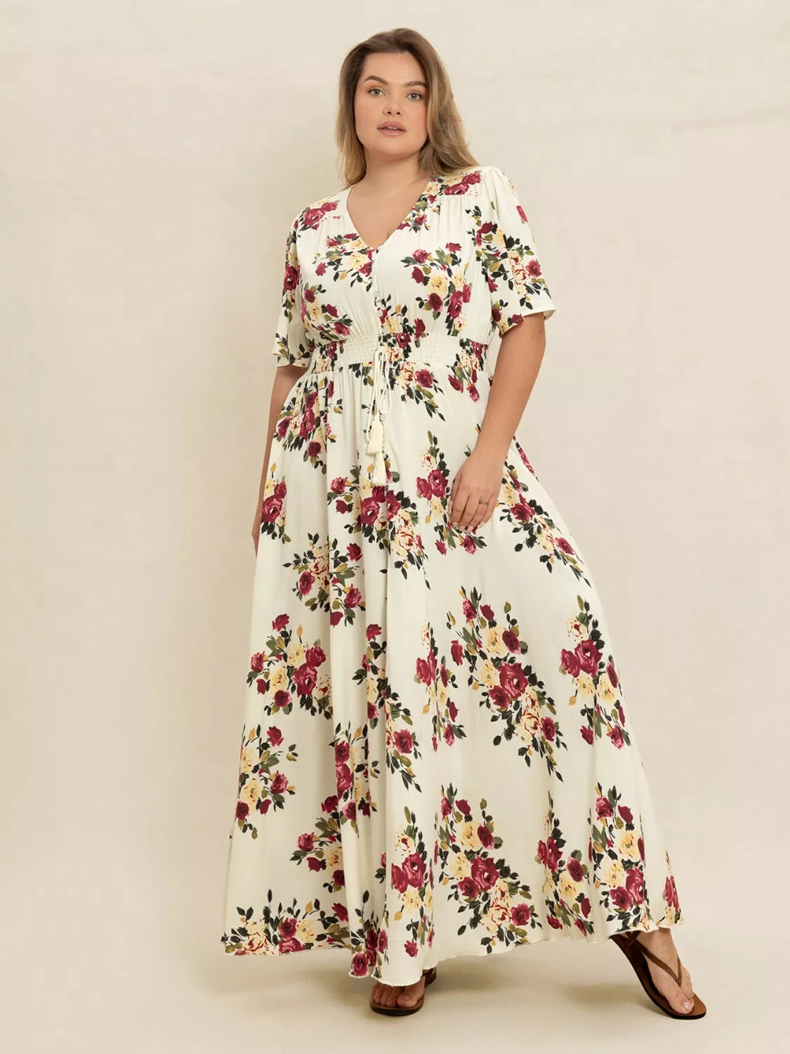 Plus Size Floral Print Maxi Dress with Side Slit and Tied Waist.